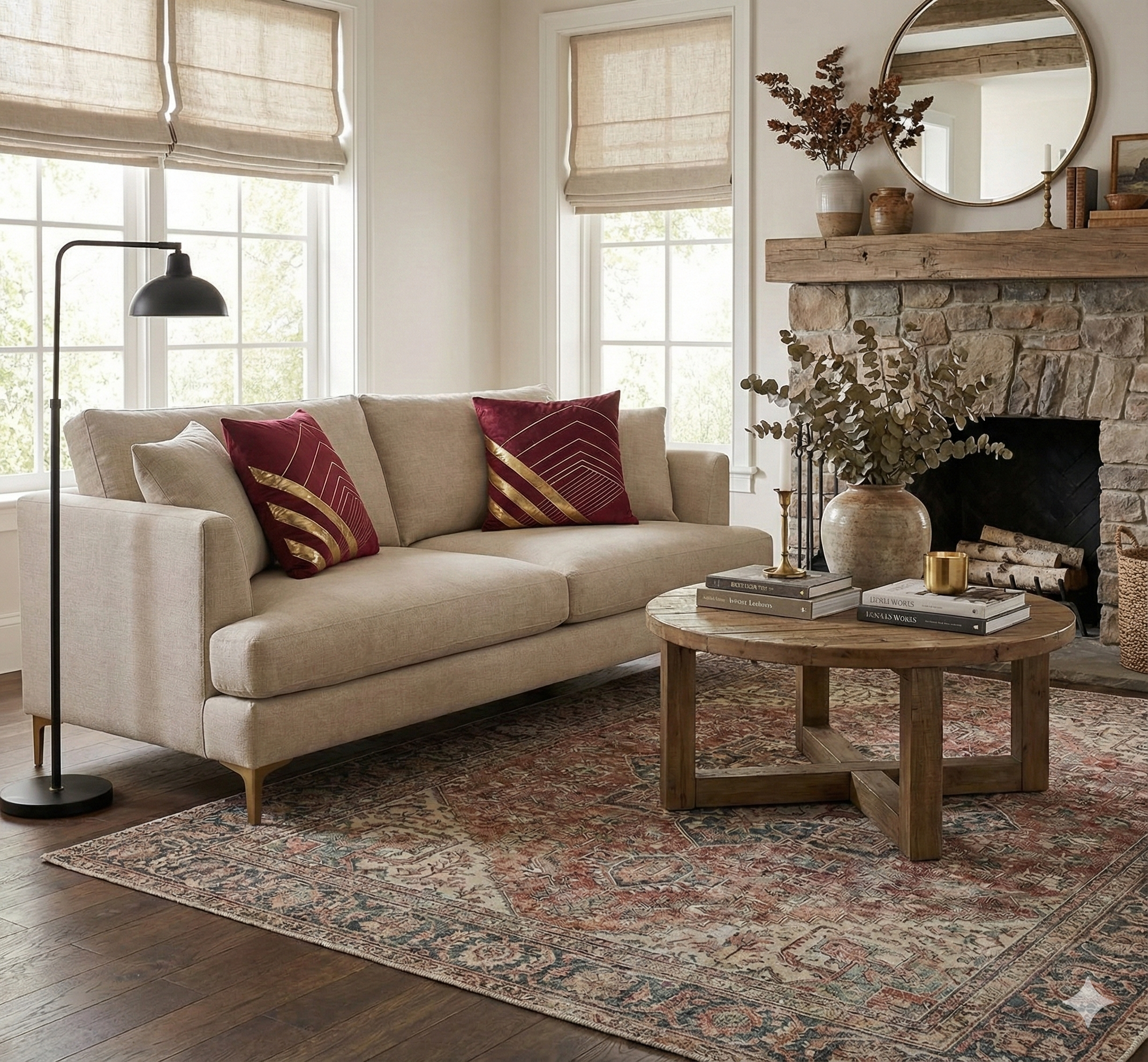 Burgundy velvet and gold geometric cushions styled on a beige sofa in a cozy rustic living room with a stone fireplace.