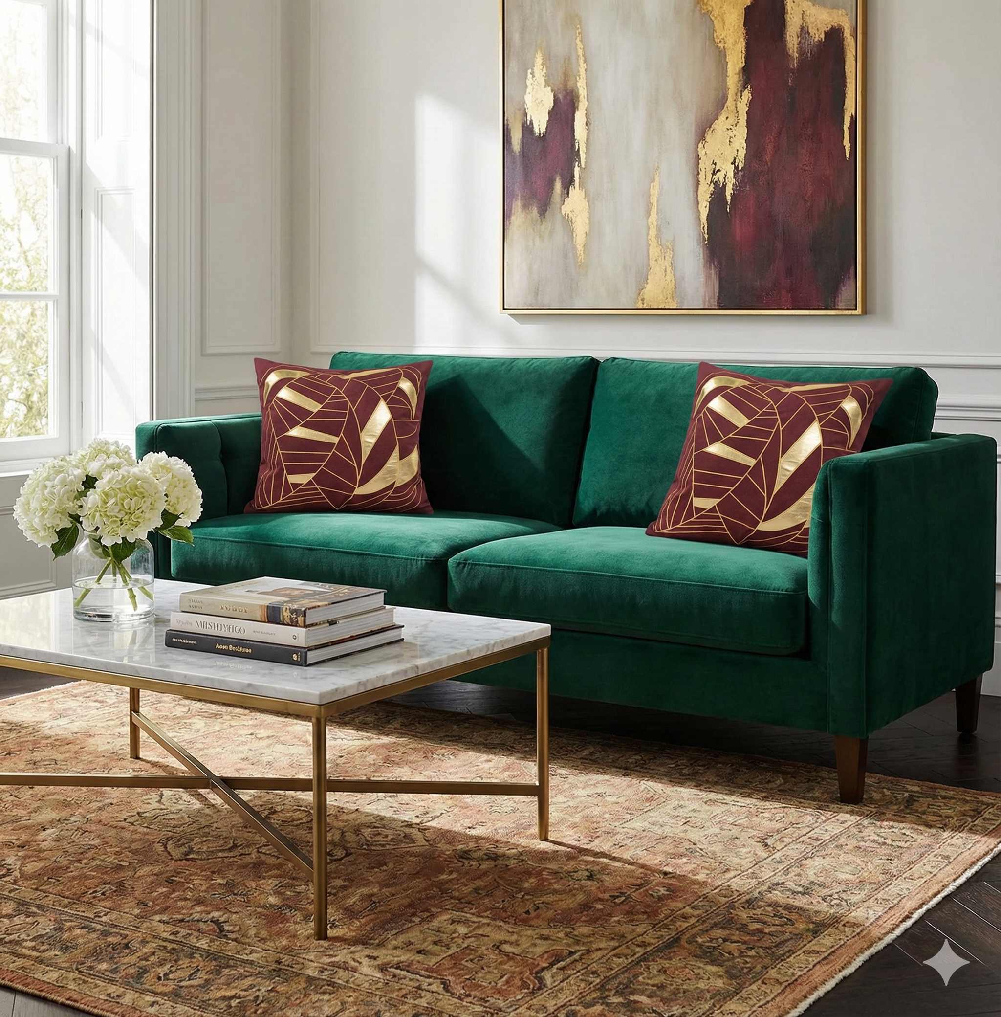 A pair of burgundy velvet and gold leaf pattern throw pillows placed on a contemporary emerald green velvet sofa in a bright living room.