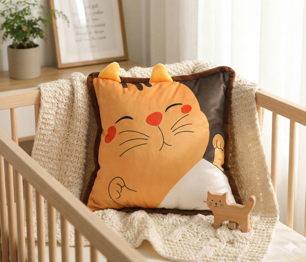 Lucky cat plush pillow placed inside a wooden crib with a cream knit blanket and a wooden kitten toy.