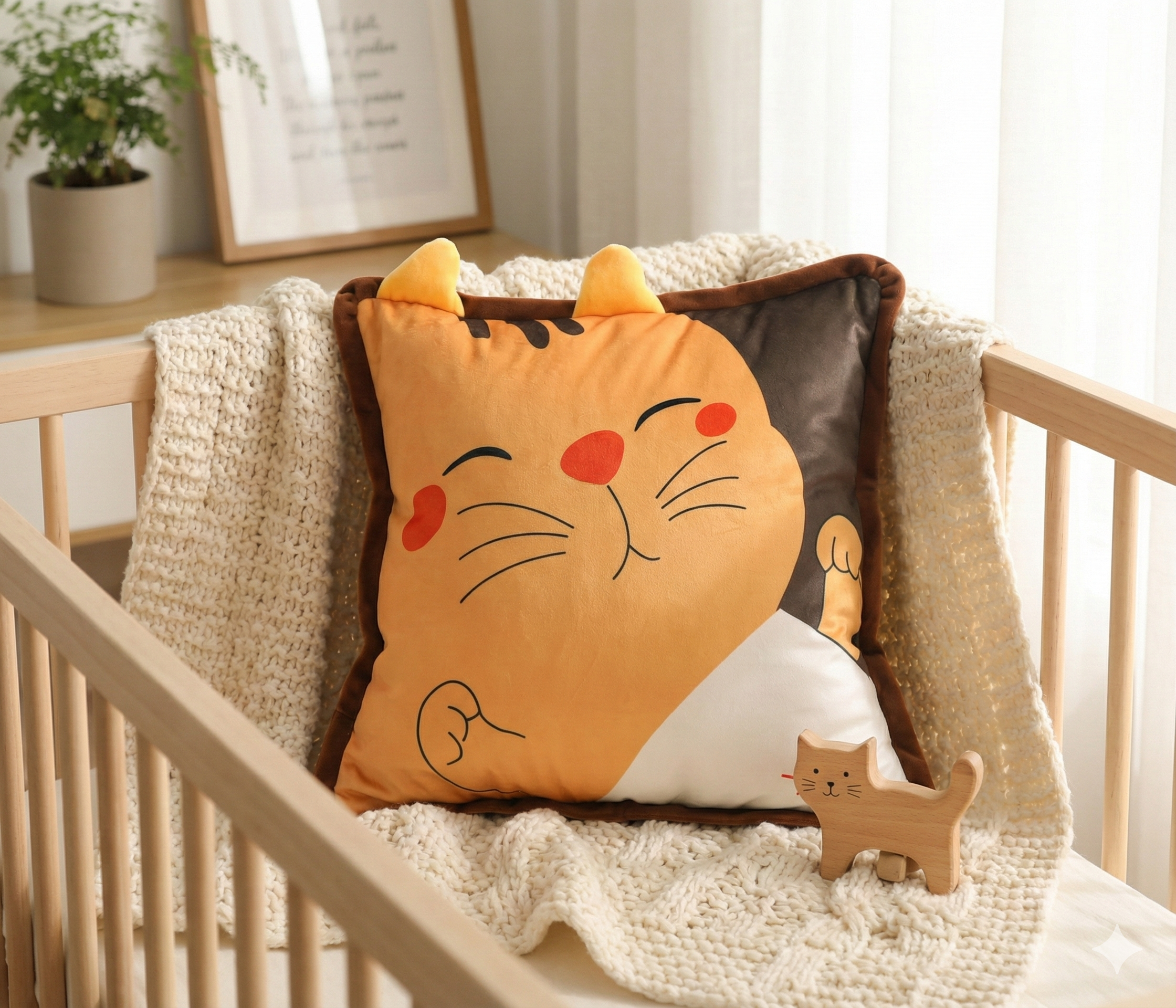 Lucky cat plush pillow placed inside a wooden crib with a cream knit blanket and a wooden kitten toy.