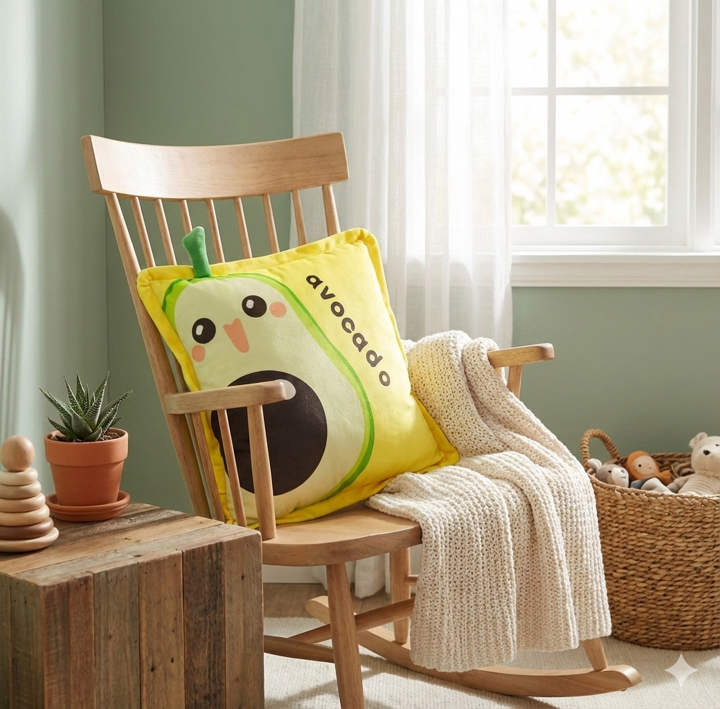 Yellow avocado plush cushion resting on a wooden nursery rocking chair with a cream knit blanket and a basket of toys nearby.