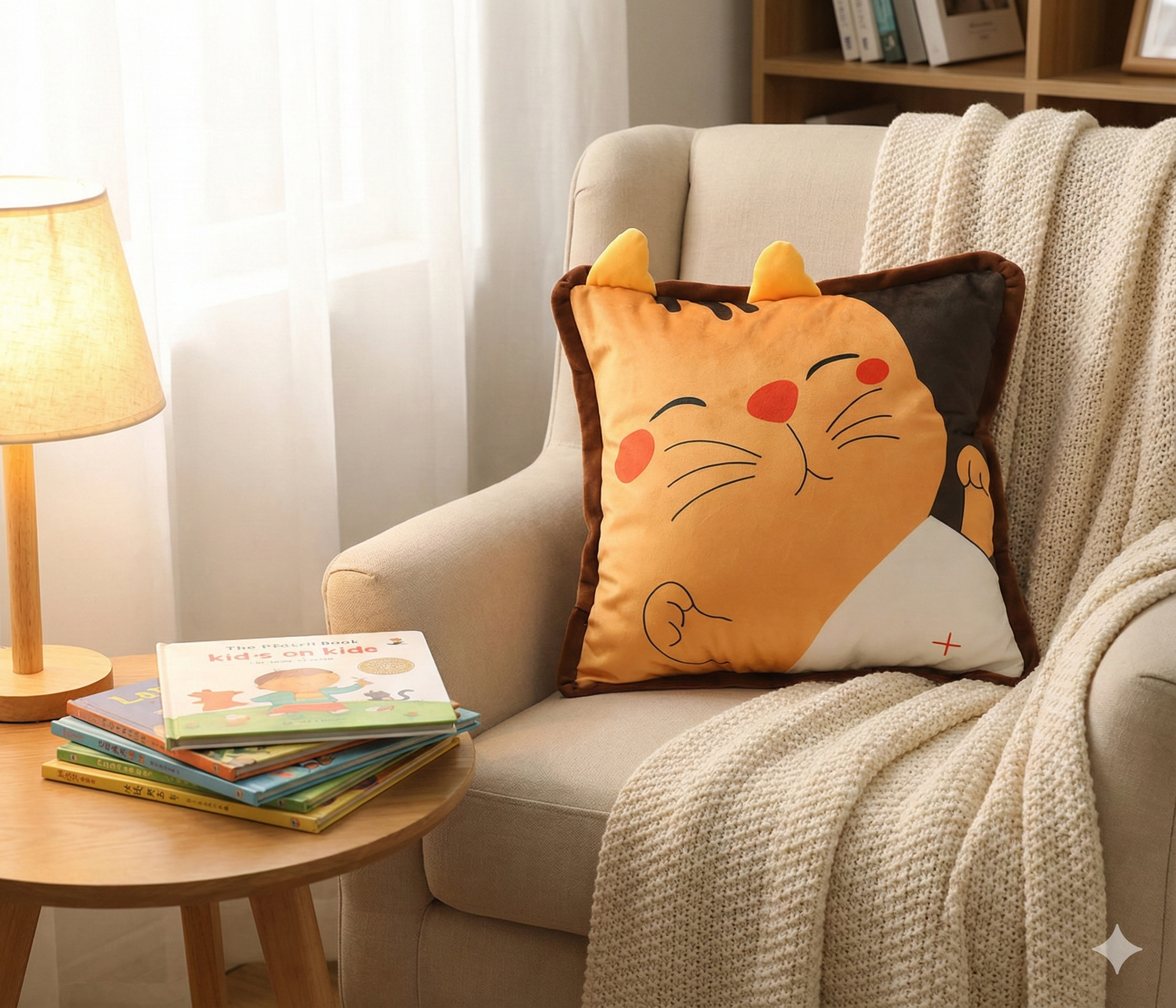 Orange cat cushion resting on a cozy beige armchair with a knit blanket, next to children's books and a lamp.