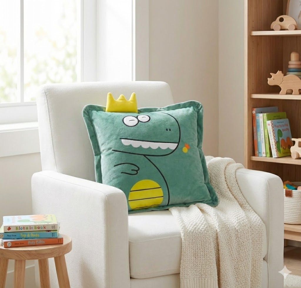 Prince Dino plush pillow resting on a nursery chair or reading nook, adding a fun pop of green to the room decor.