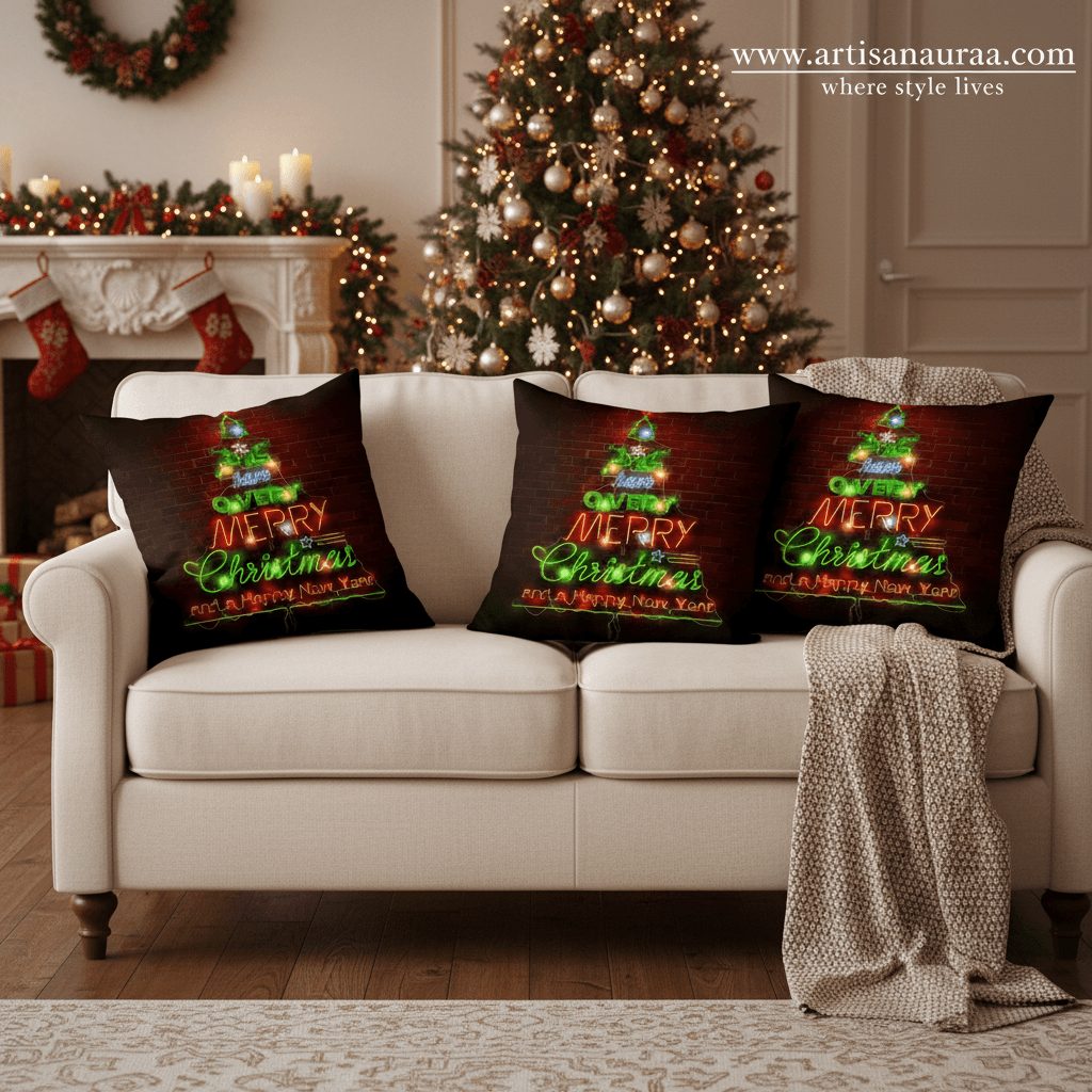 Neon Christmas Tree Cushion Cover 18 x 18 – “Have a Very Merry Christmas and a Happy New Year” – Festive Decorative Pillow Cover