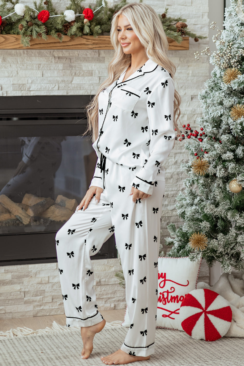 Bow Long Sleeve Top and Pants Pajama Set