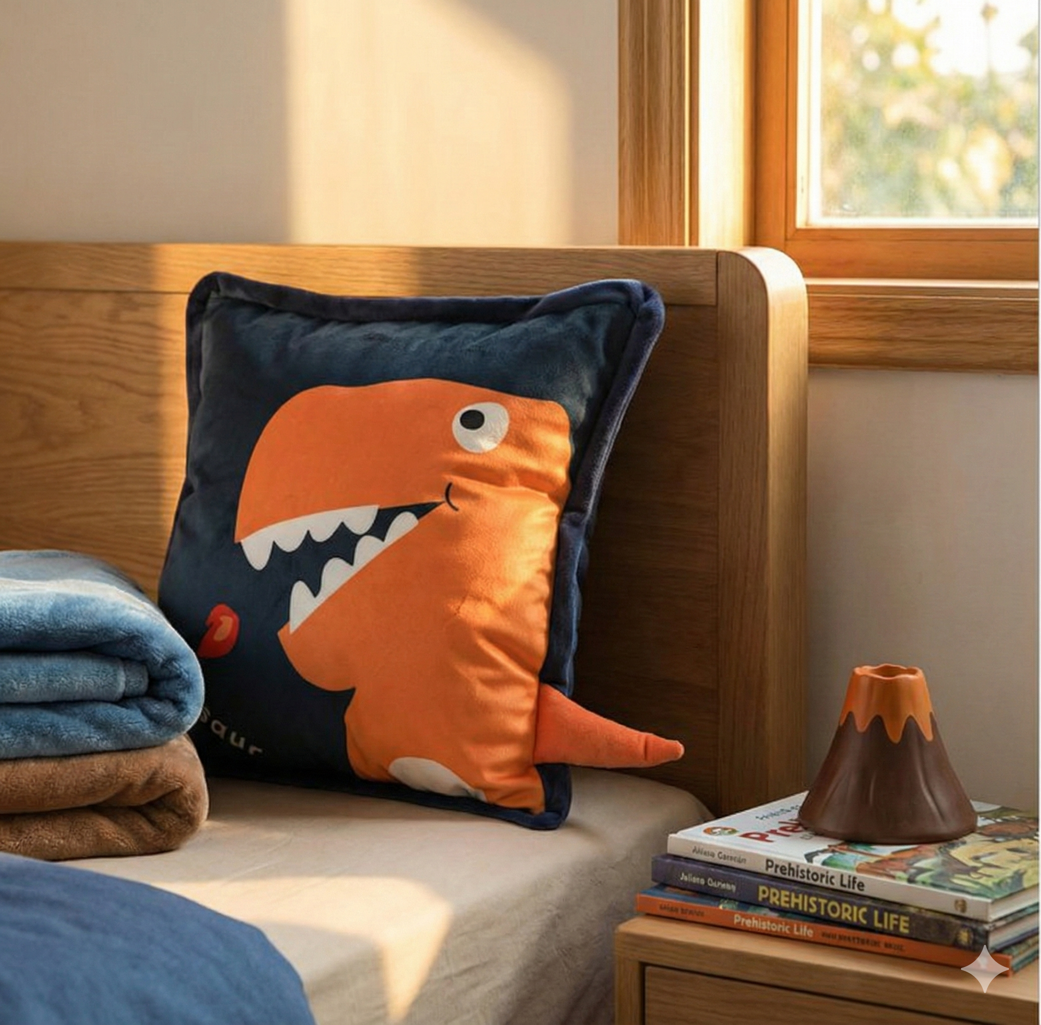 Roaring Rex dinosaur pillow placed on a toddler bed with navy bedding, next to a wooden dinosaur toy and adventure books.
