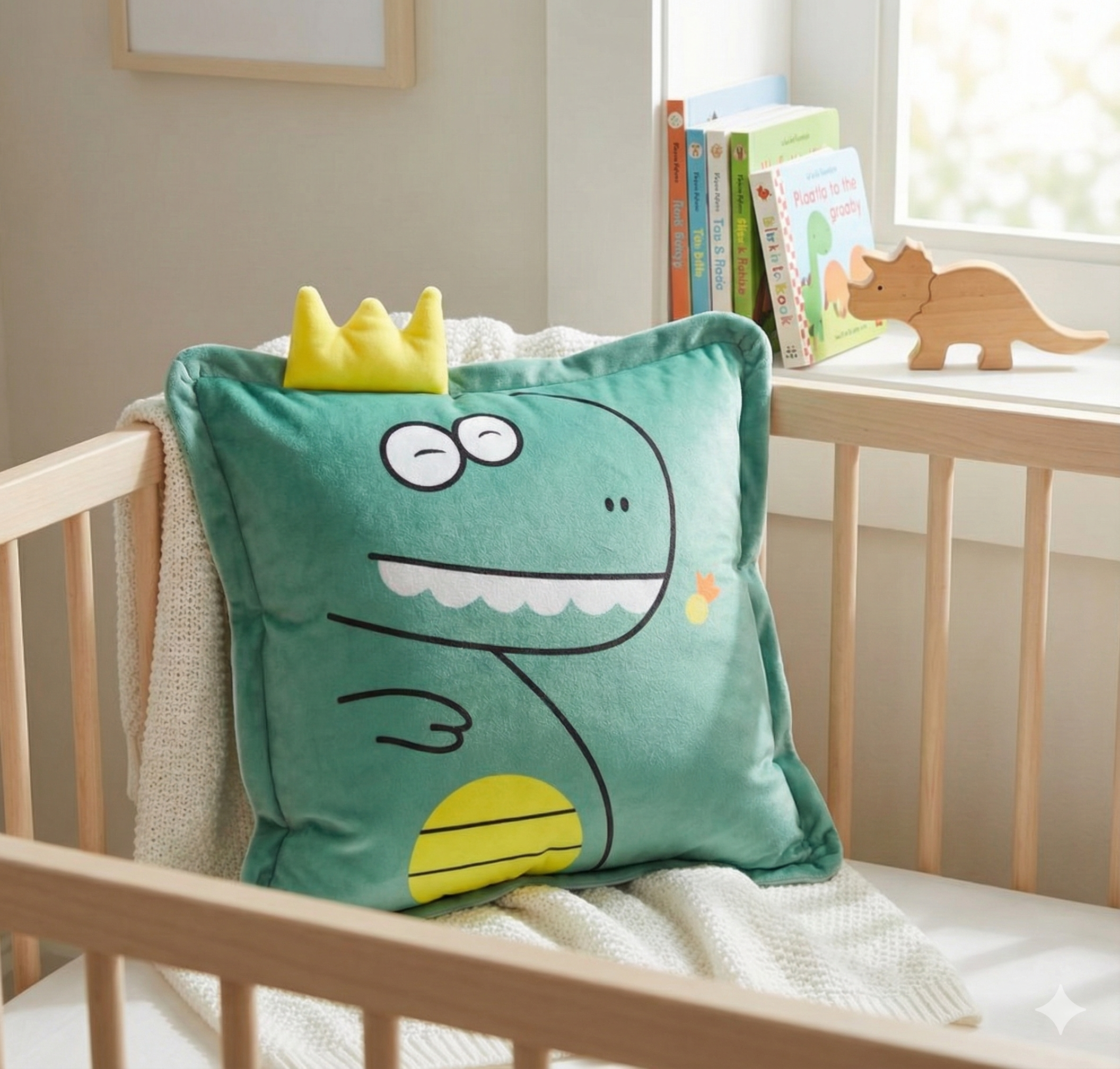 Green dinosaur cushion placed in a wooden crib with a cream knit blanket and a wooden triceratops toy.
