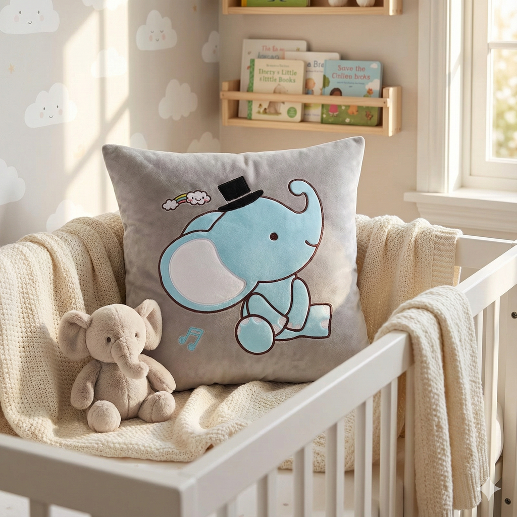 Grey elephant nursery pillow placed inside a white crib with a cream knit blanket and a matching stuffed elephant toy.
