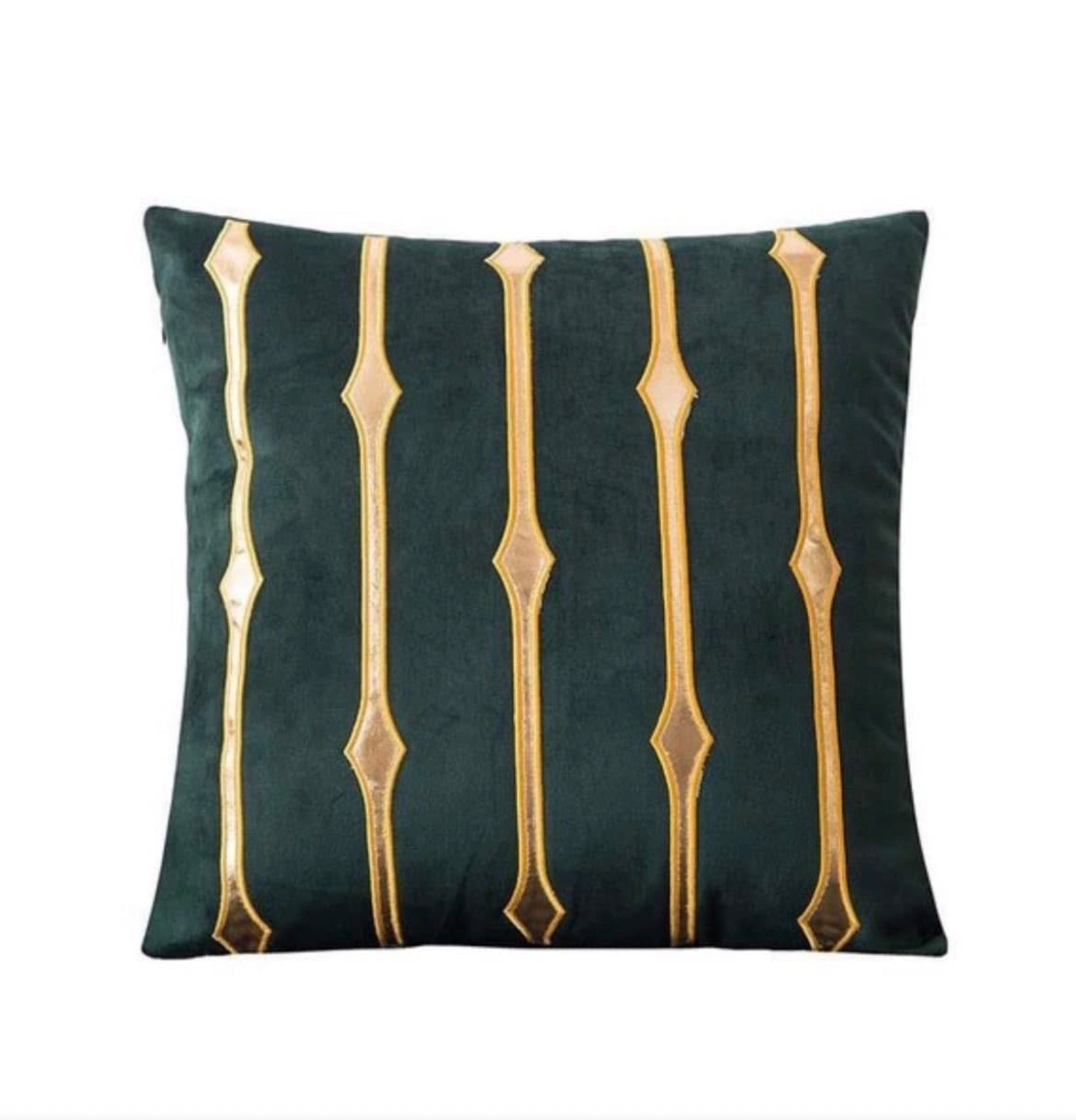 Front view of the Emerald Diamond Line cushion cover in dark green velvet with vertical metallic gold jeweled stripes.