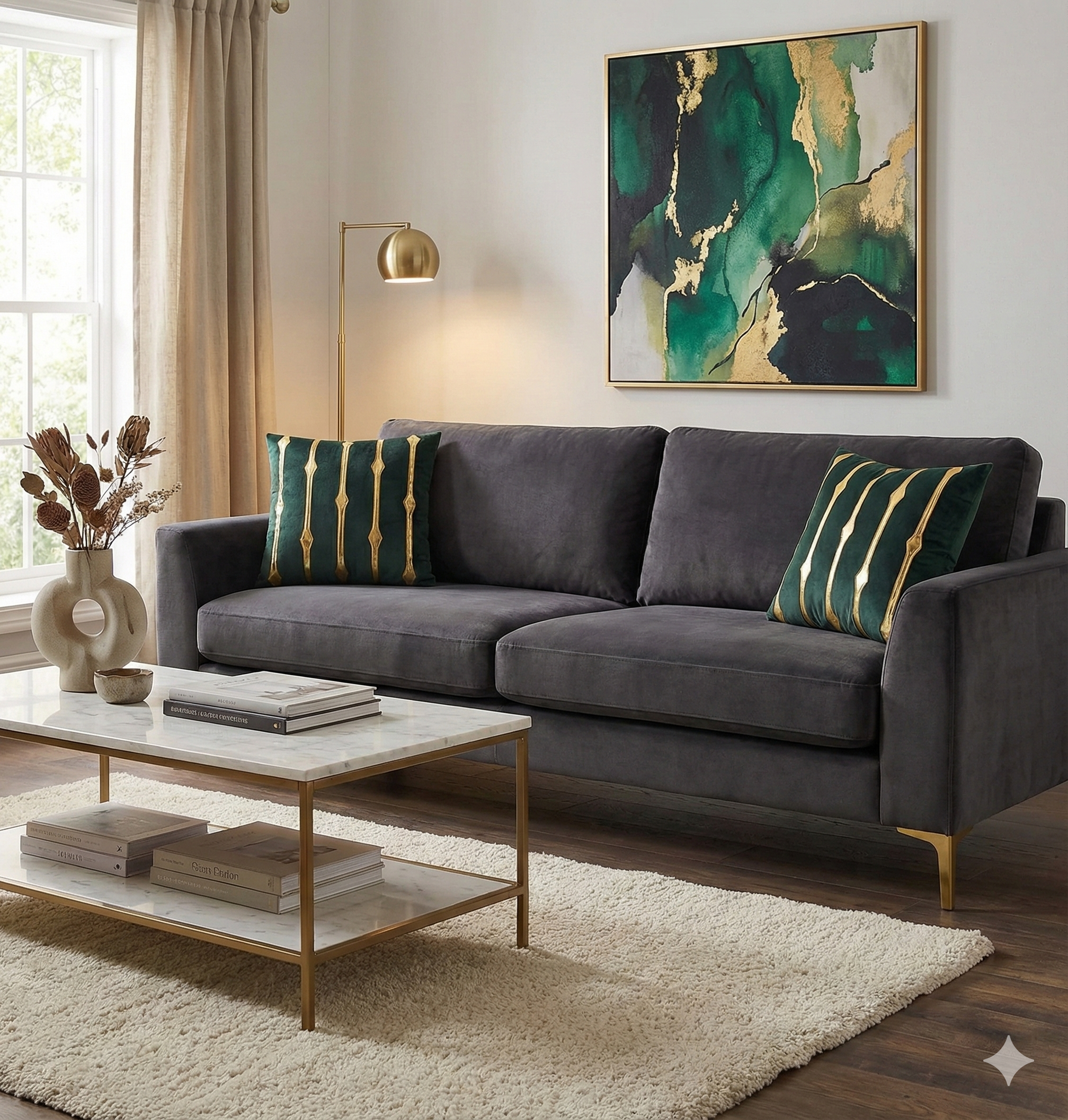 Emerald green velvet and gold stripe pillows styled on a dark charcoal grey sofa in a modern living room setting.