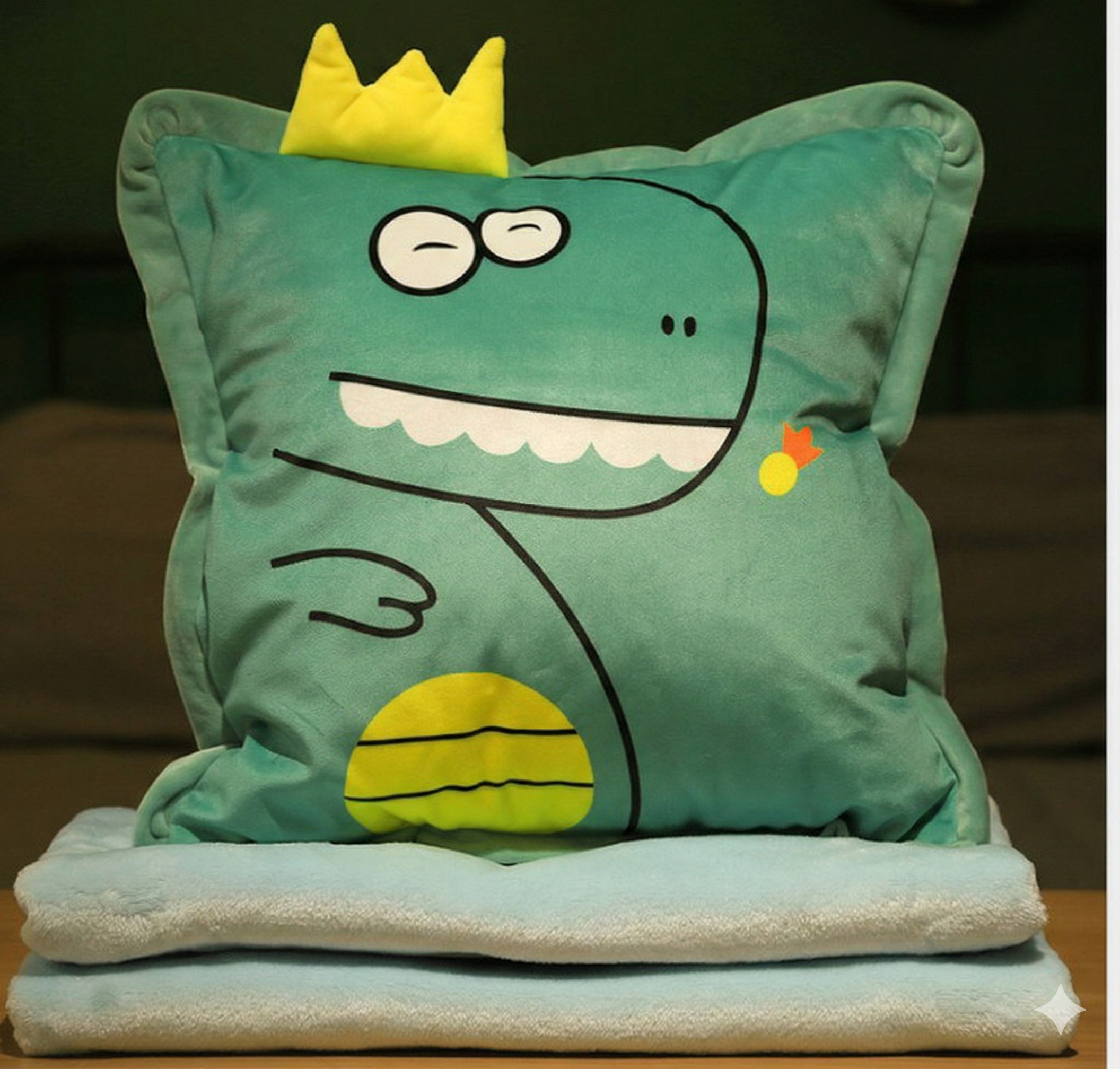 Mint green plush pillow featuring a winking cartoon T-Rex with a yellow belly and a 3D yellow crown, stacked on light blue blankets.