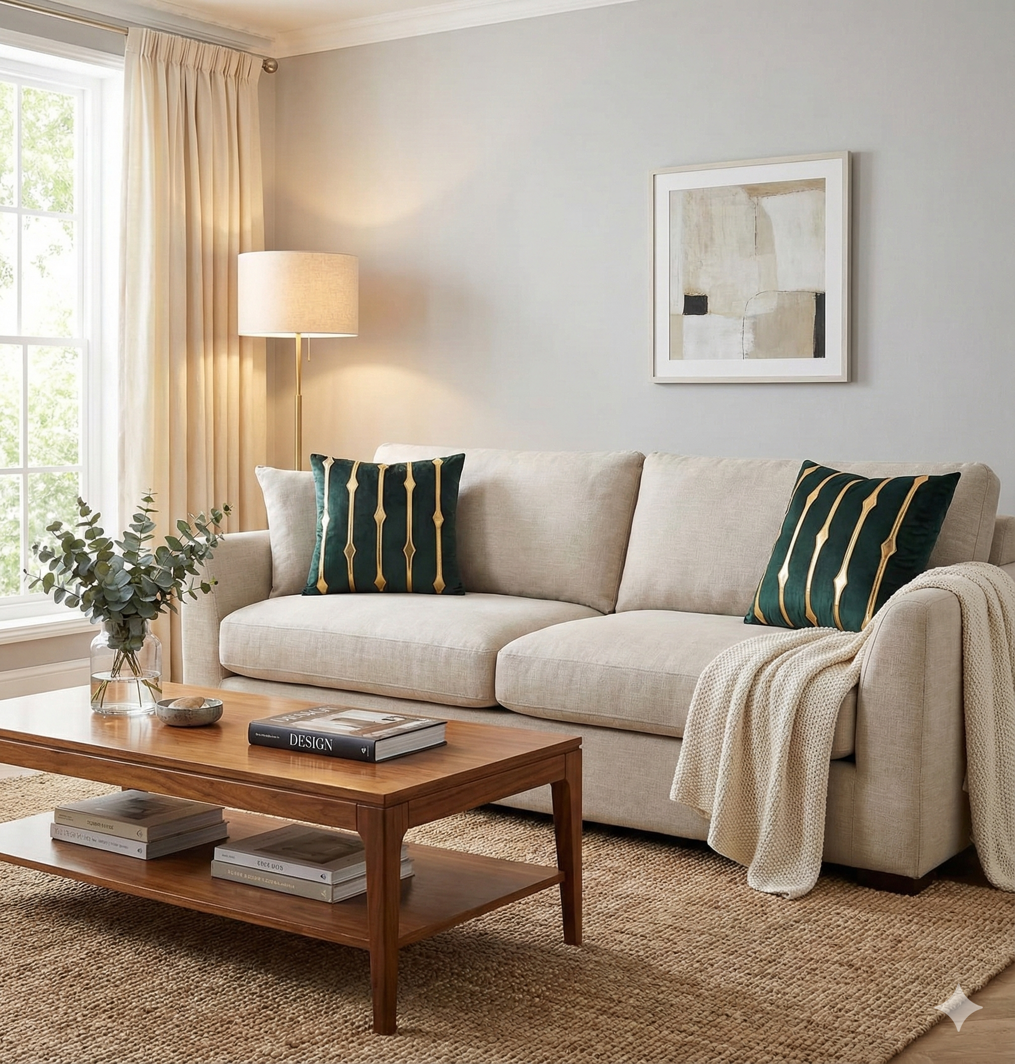 Deep green velvet throw pillows with vertical gold stripes placing a pop of color on a light beige sofa.
