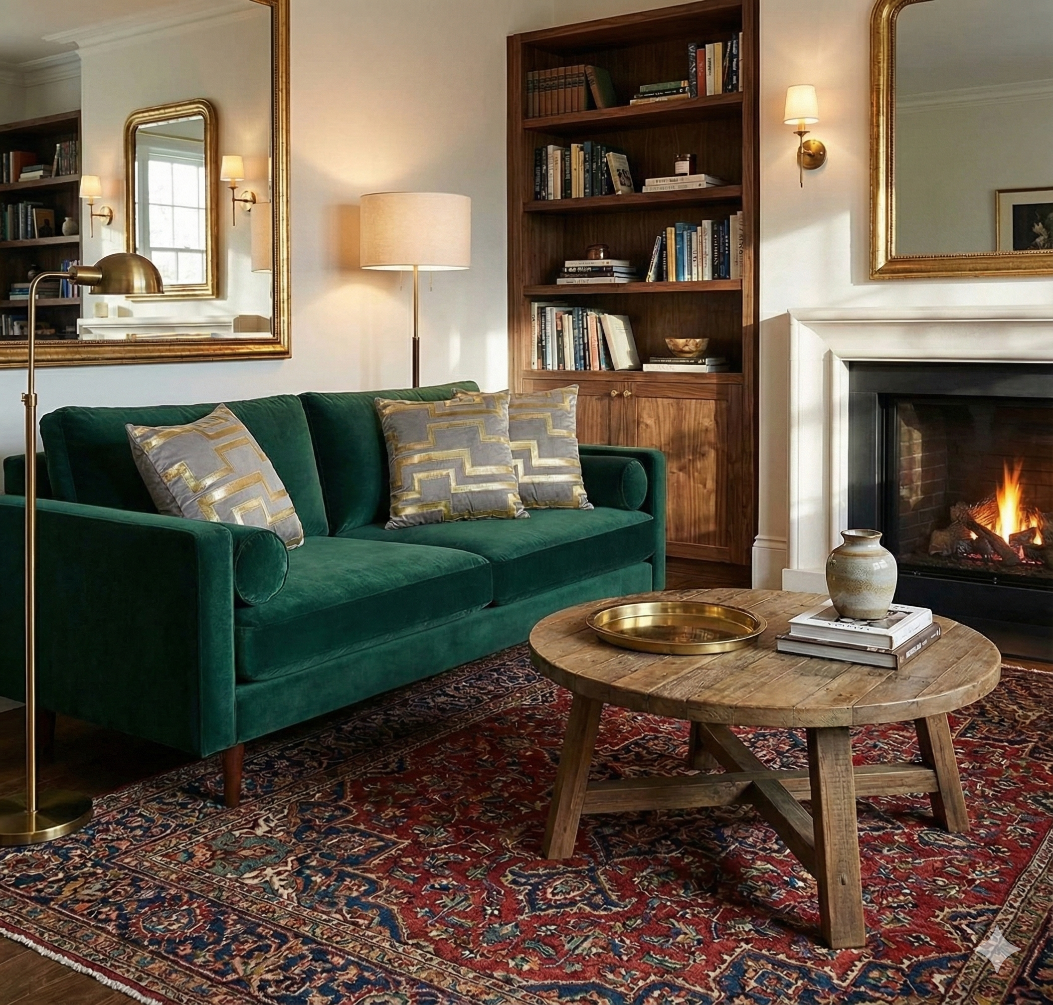 Taupe grey velvet cushions with gold Greek key design styled on an emerald green velvet sofa in a cozy living room with a fireplace.