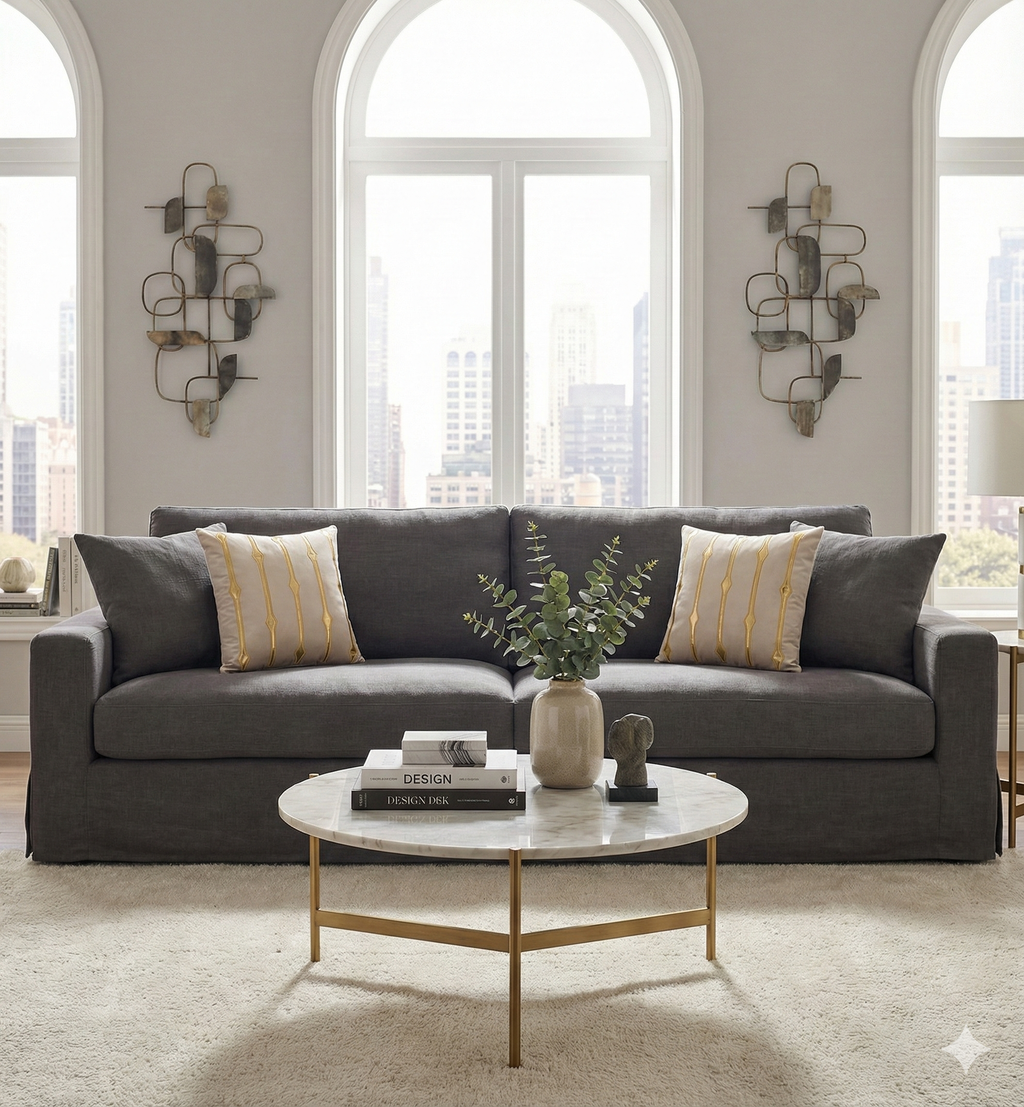 Light grey velvet and gold stripe pillows styled on a dark charcoal grey sofa for a chic monochromatic look.
