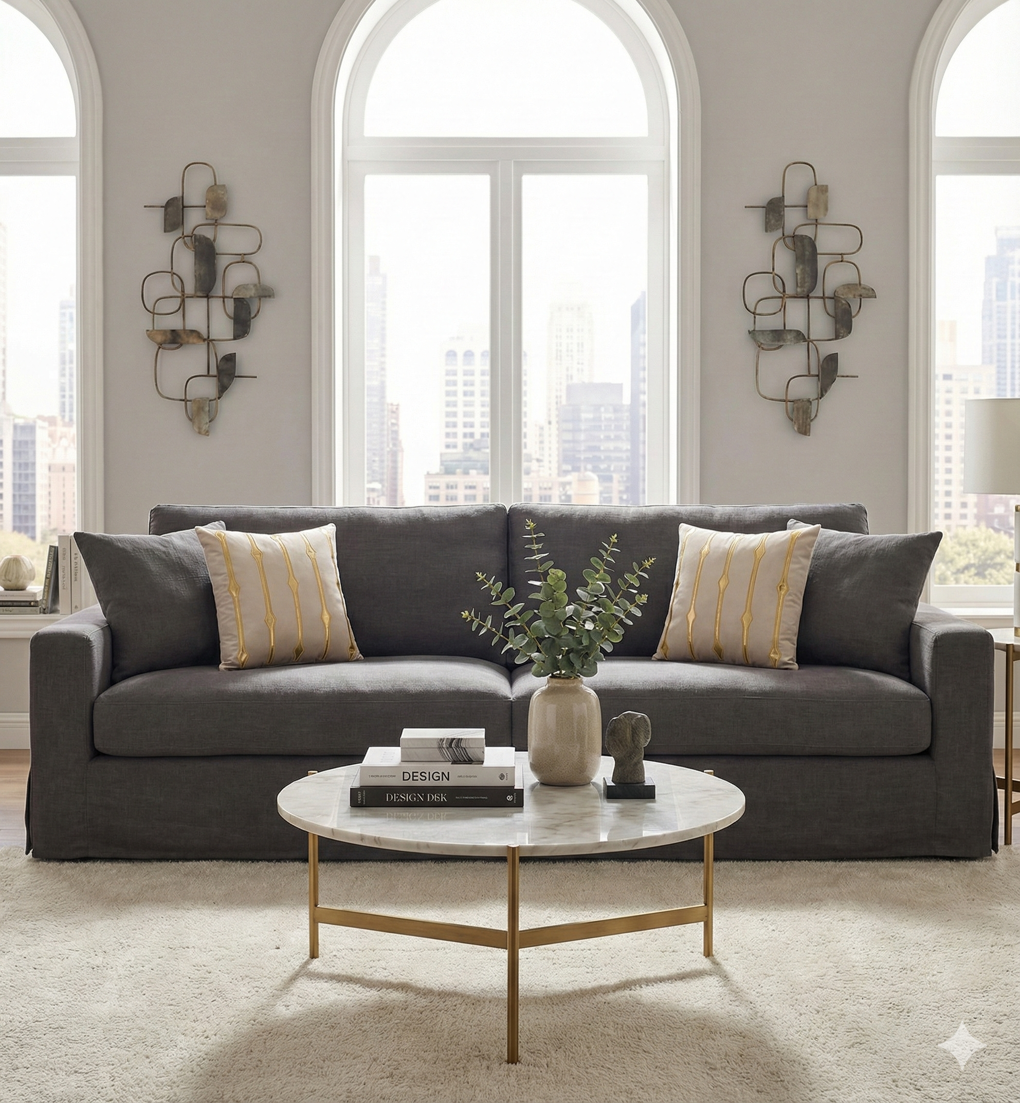 Light grey velvet and gold stripe pillows styled on a dark charcoal grey sofa for a chic monochromatic look.