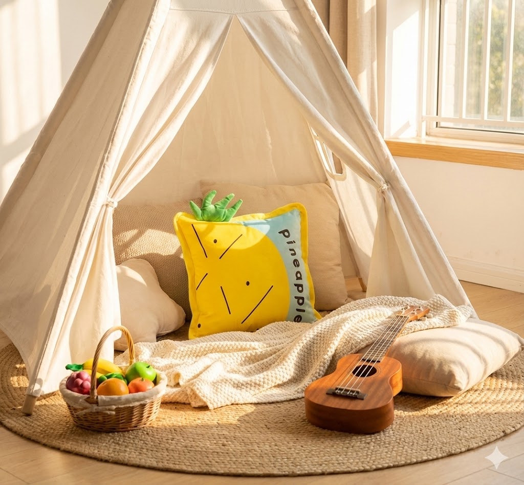 Yellow pineapple plush cushion placed inside a white canvas play teepee, surrounded by a knit blanket, toy fruit basket, and ukulele.