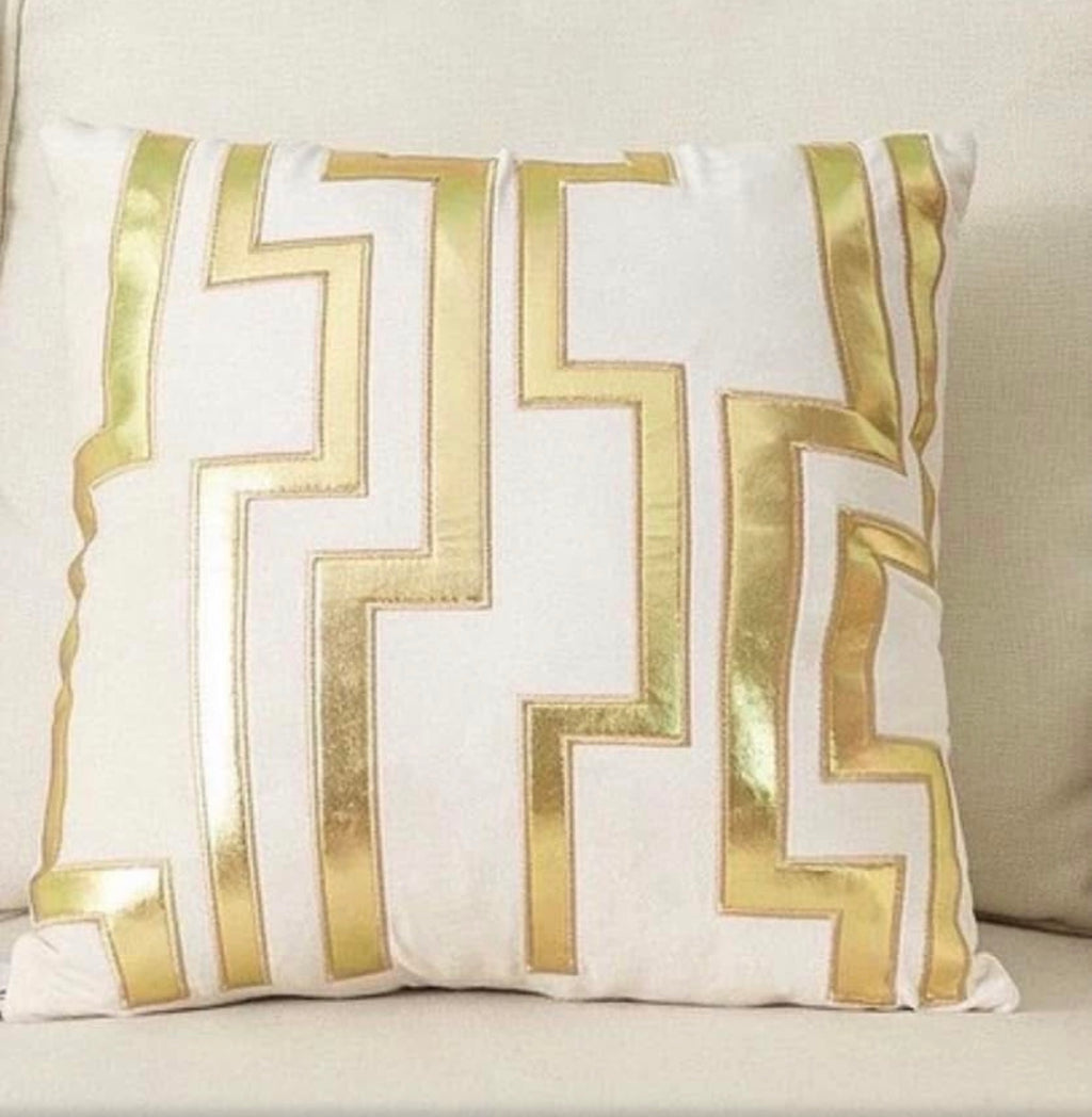 Front view of the Ivory Labyrinth cushion cover in cream white velvet with a metallic gold geometric maze pattern.