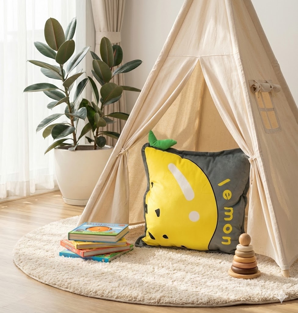 Zesty lemon plush pillow placed inside a cream canvas play teepee on a fluffy rug, with books and a wooden stacking toy nearby.