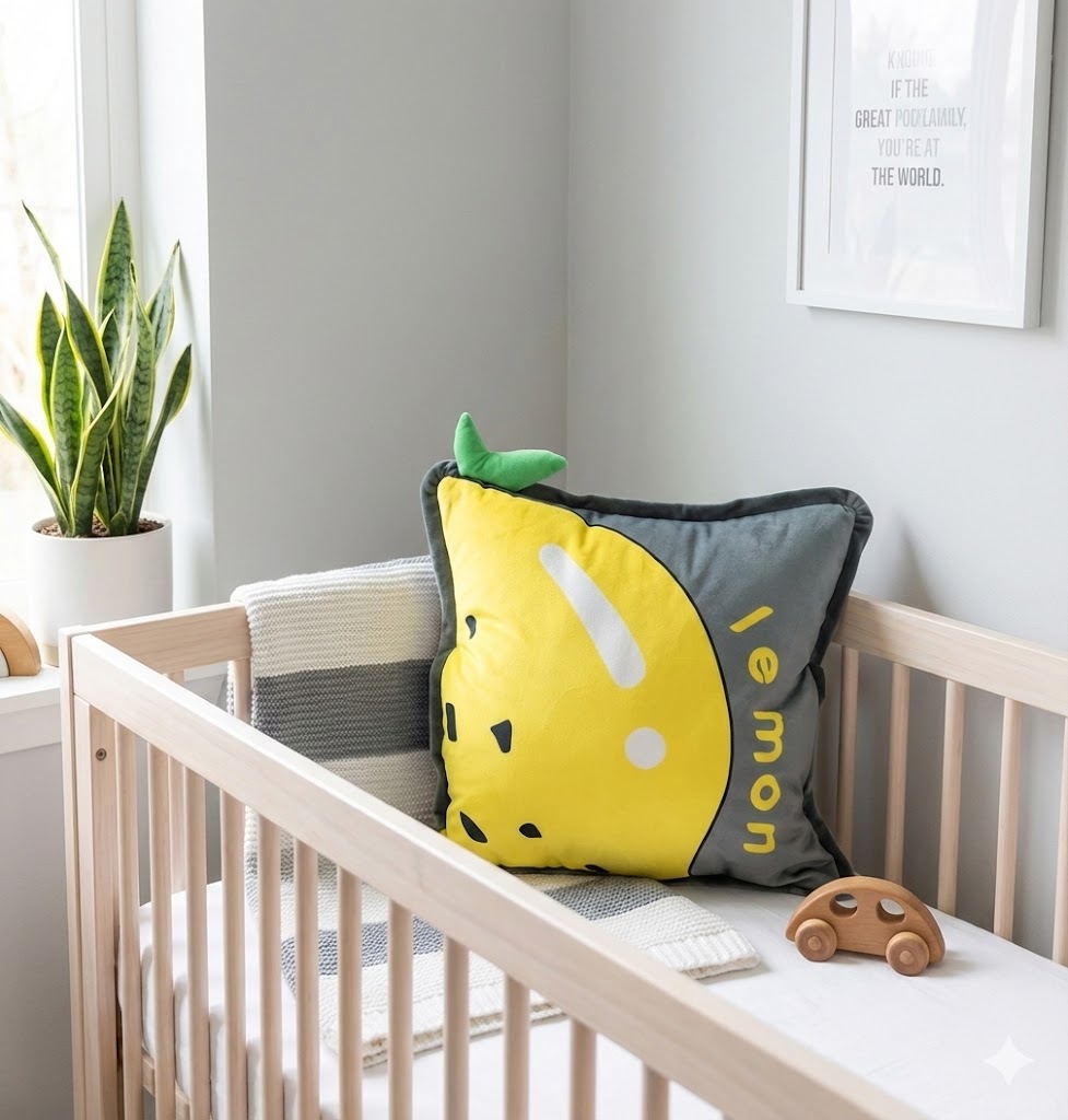 Lemon plush pillow in a light wood crib, resting against a striped blanket next to a wooden toy car, with a potted plant in the background.