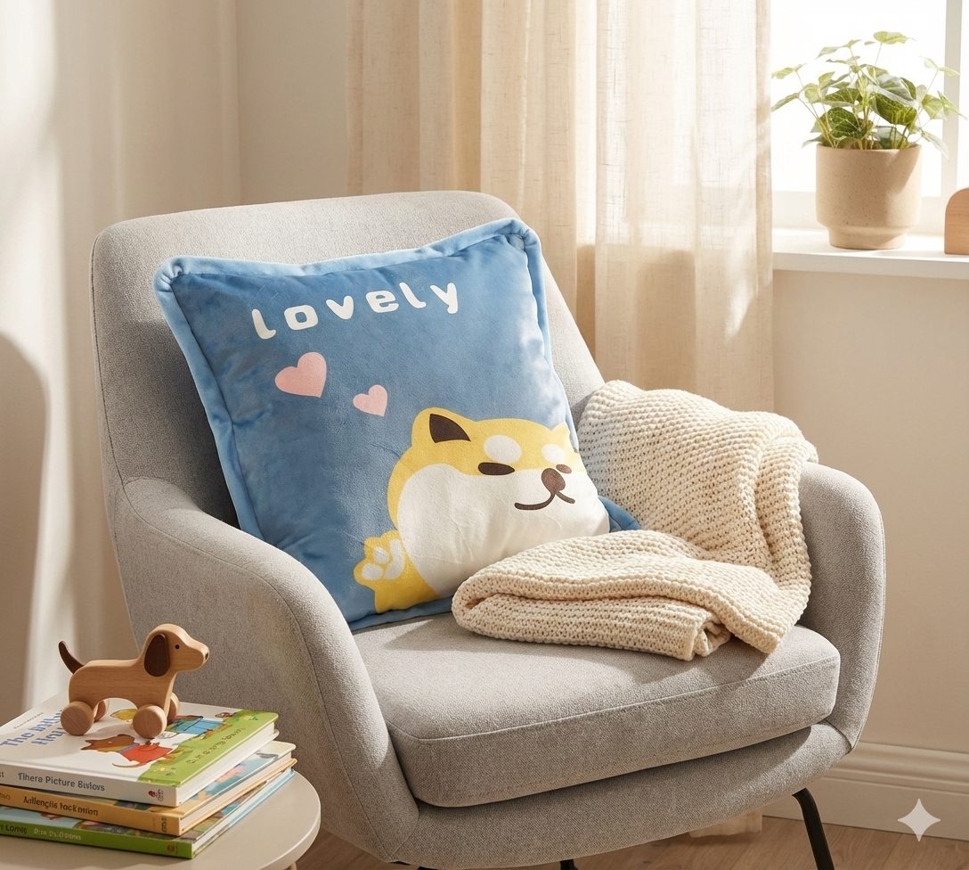 Lovely puppy plush cushion placed on a modern grey armchair with a beige knit throw blanket and a wooden dog pull-toy.