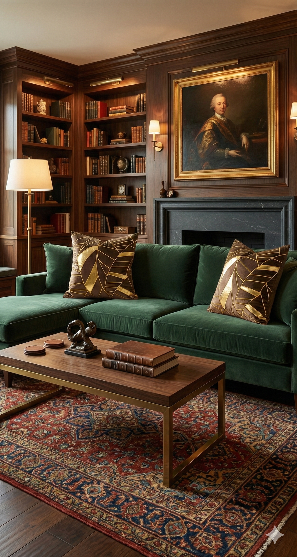 A luxurious, dark-themed living room featuring a deep green velvet sectional sofa styled with brown and gold leaf embroidered cushion covers, set against dark wood bookshelves and a traditional Persian rug.