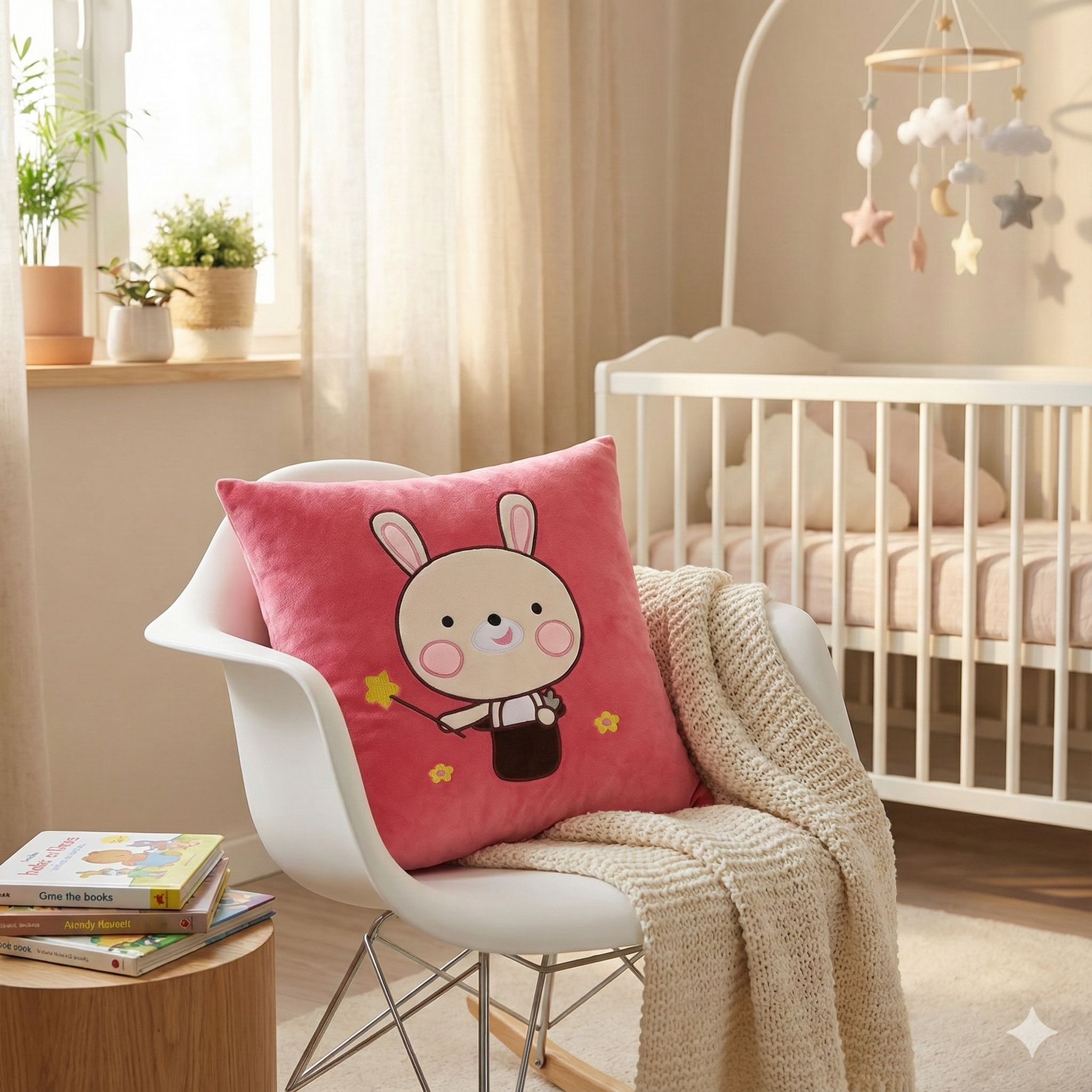 Pink bunny cushion cover on a modern white nursery rocking chair with a beige knit blanket, next to a white crib and mobile.