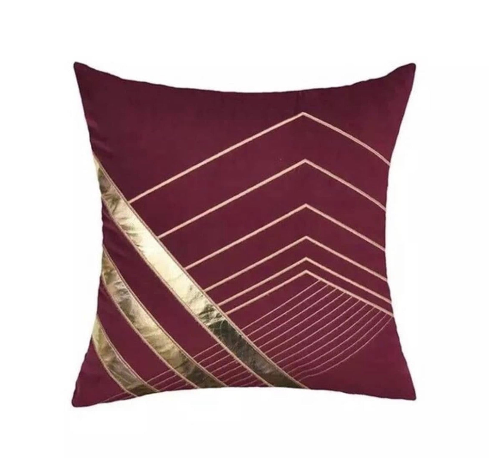 Front view of the Merlot Geo-Luxe cushion cover in deep burgundy velvet with a metallic gold geometric chevron pattern.
