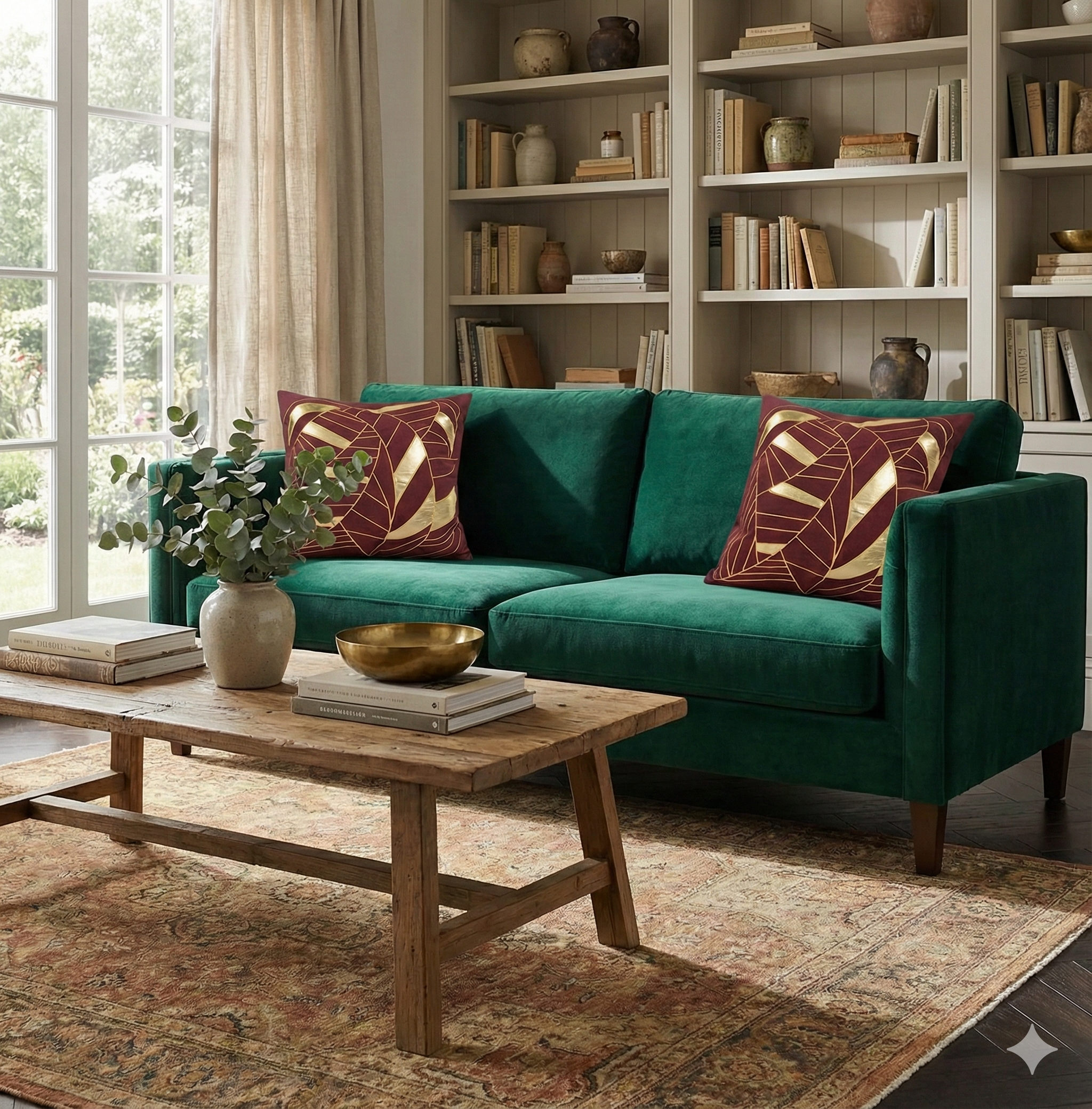 Two modern emerald green sofa featuring the metallic gold and red velvet geometric cushions, set in a sunlit room with bookshelves.