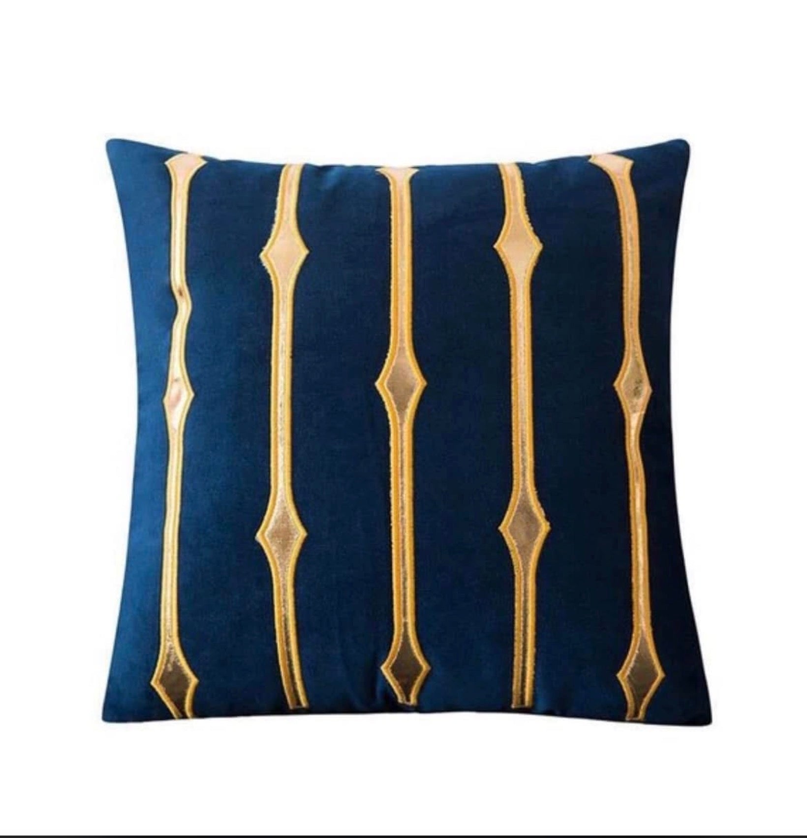 Front view of the Midnight Diamond Line cushion cover in navy blue velvet with vertical metallic gold jeweled stripes.