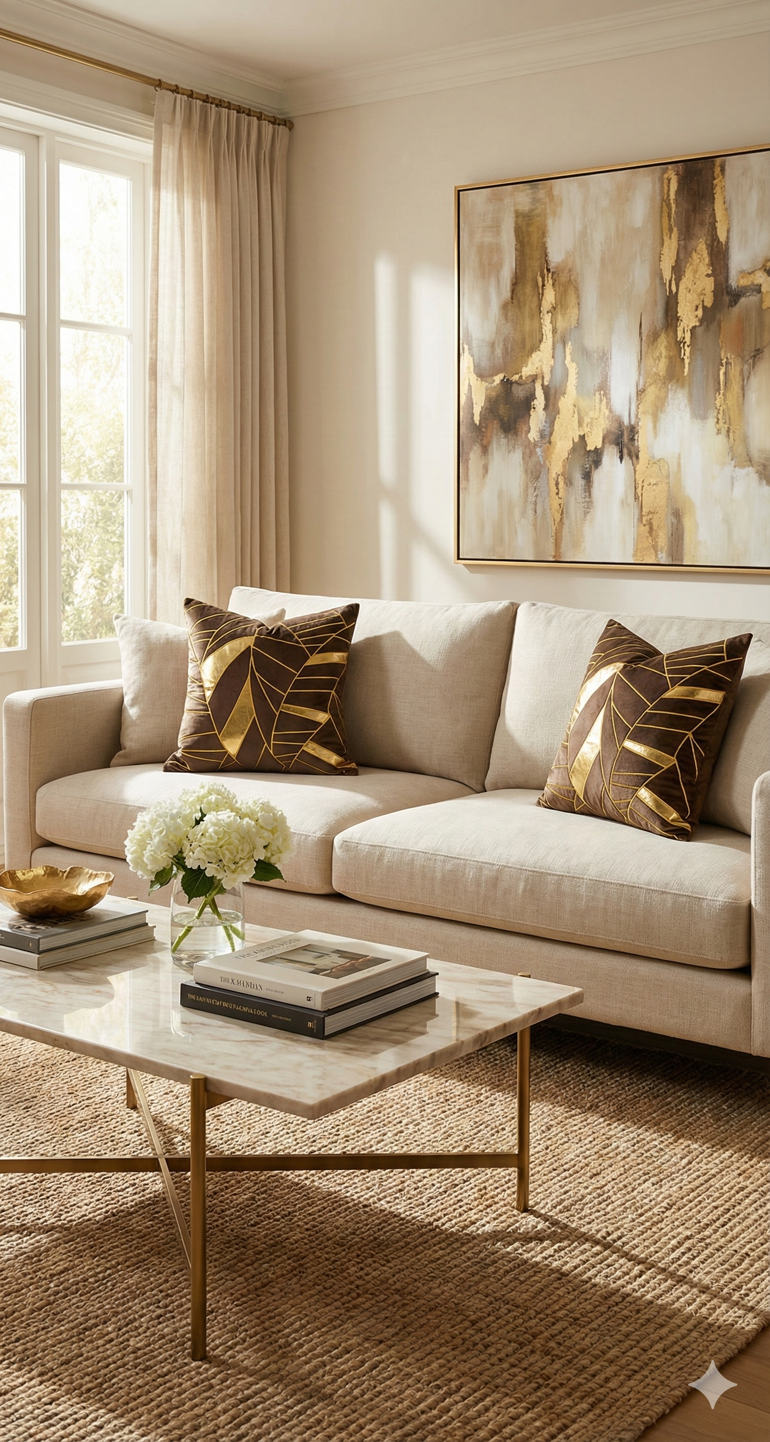 A bright and modern living room with a neutral beige sofa accented by brown and gold geometric leaf pillows, complemented by a marble coffee table, jute rug, and abstract gold wall art.
