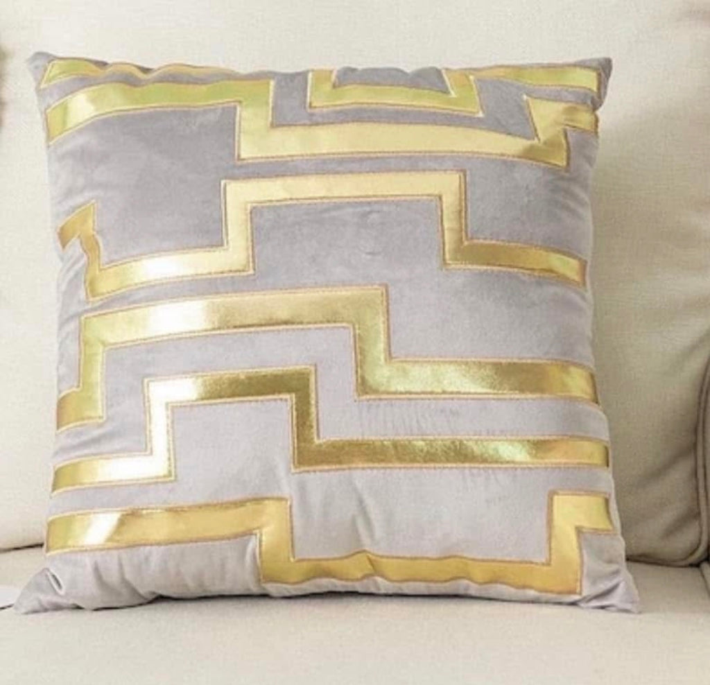 Front view of the Modern Labyrinth cushion cover in taupe grey velvet with a metallic gold geometric maze pattern.