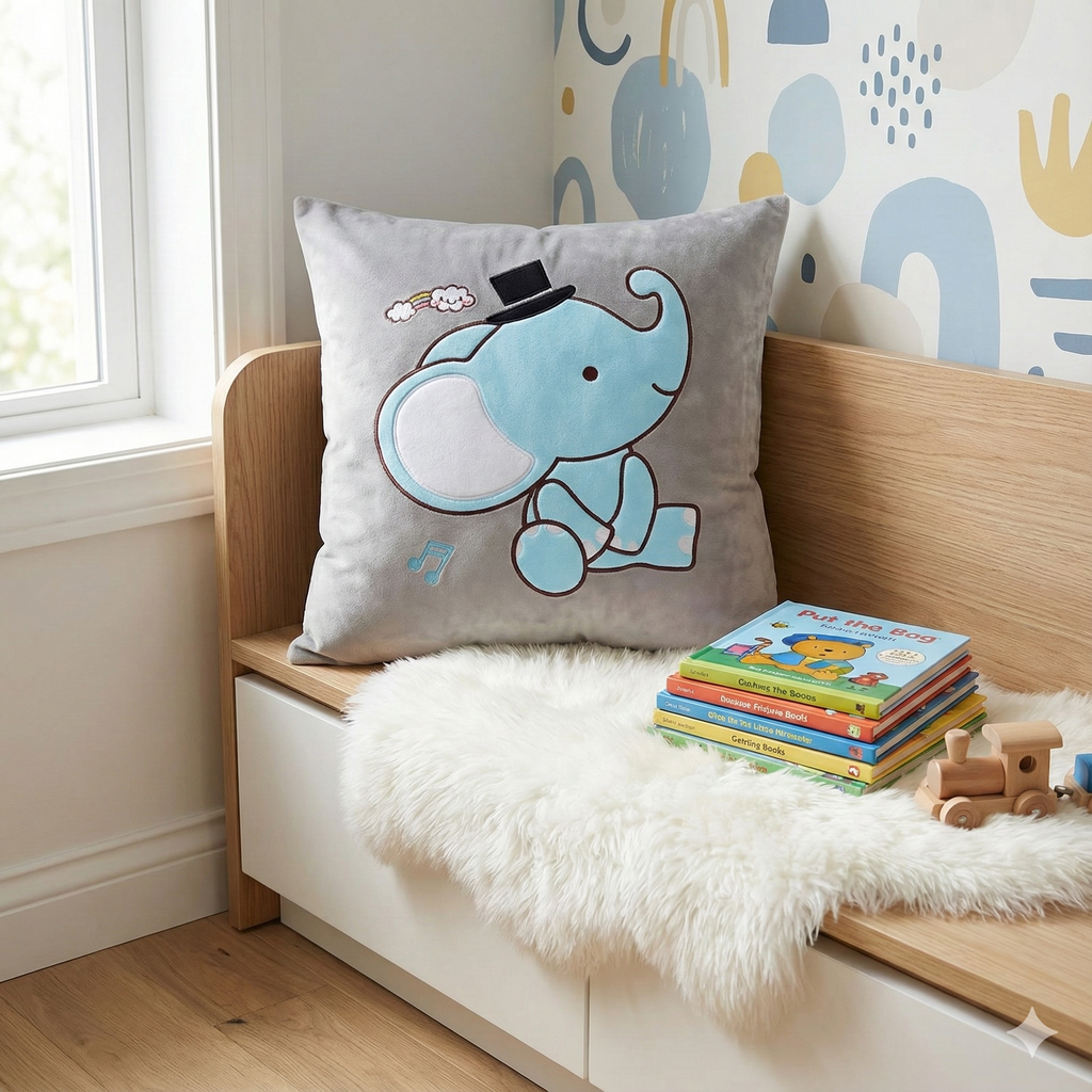 Musical elephant cushion cover sitting on a wooden nursery bench with a faux fur rug and a stack of children's books.
