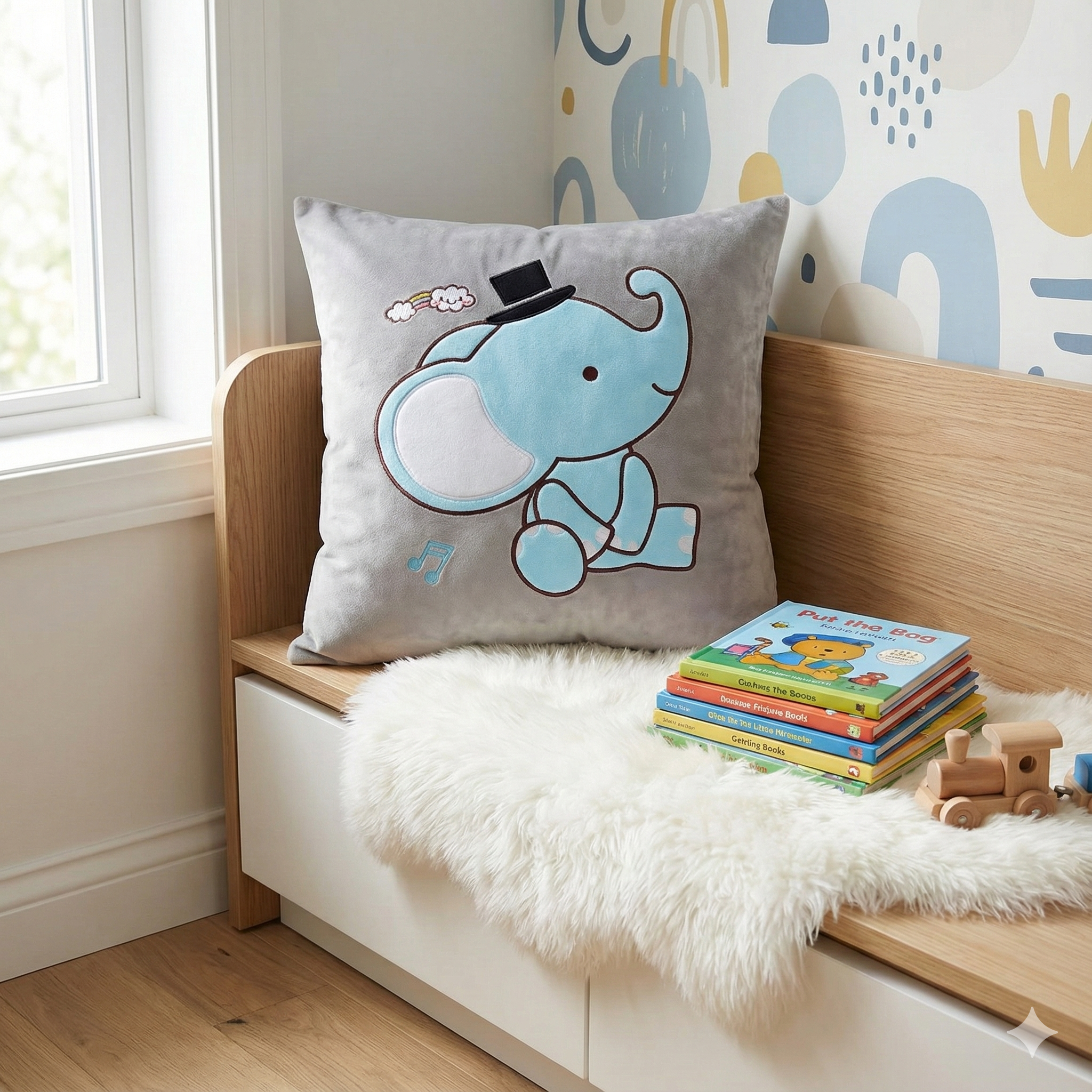 Musical elephant cushion cover sitting on a wooden nursery bench with a faux fur rug and a stack of children's books.