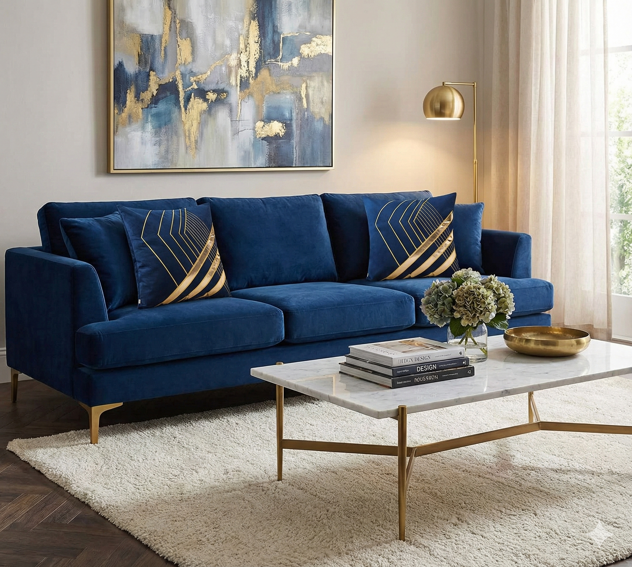 Deep blue velvet throw pillows with gold art deco patterns placed on a matching blue velvet sofa for a monochromatic look.