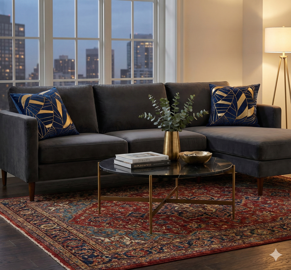 Navy blue velvet cushion covers with gold accents placed on a dark grey sectional sofa in a cozy apartment setting.