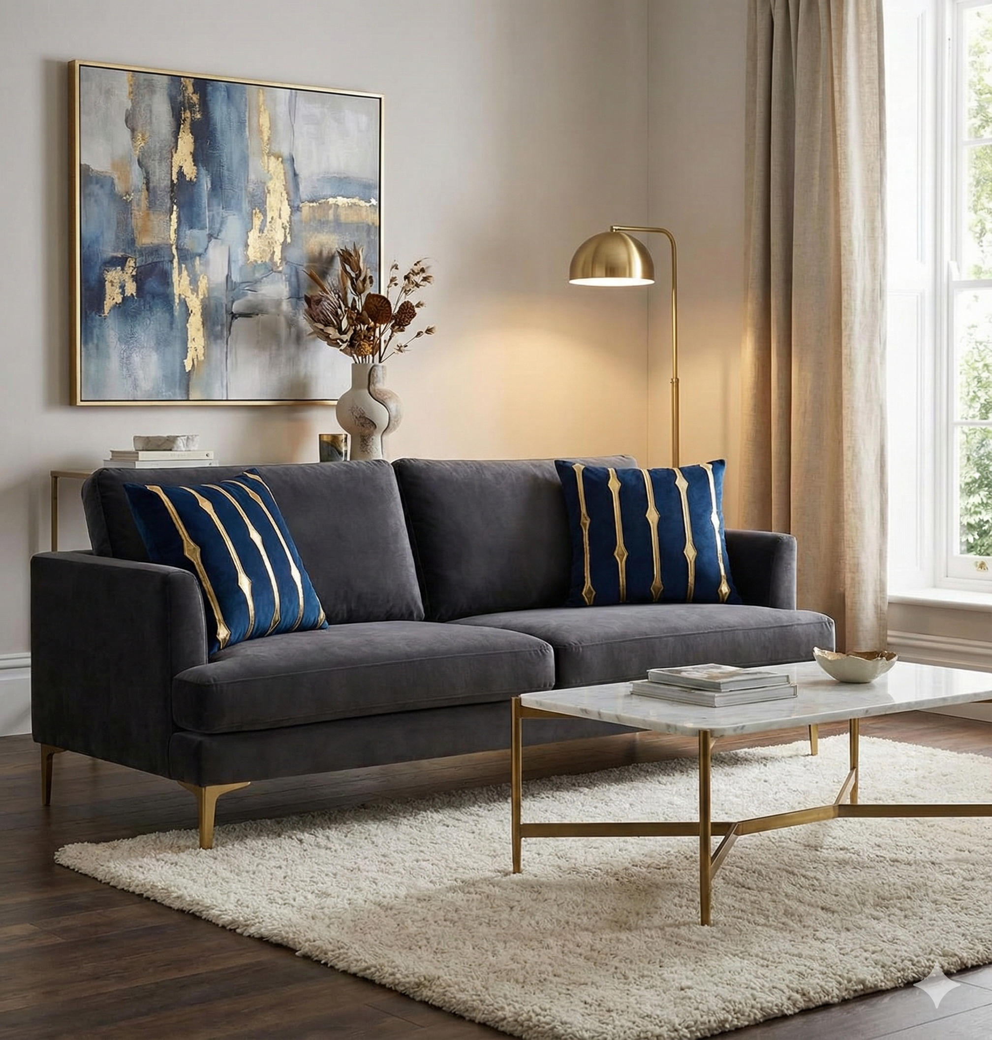 Deep blue velvet throw pillows with vertical gold stripes placed on a dark grey velvet sofa for a moody, luxe look.