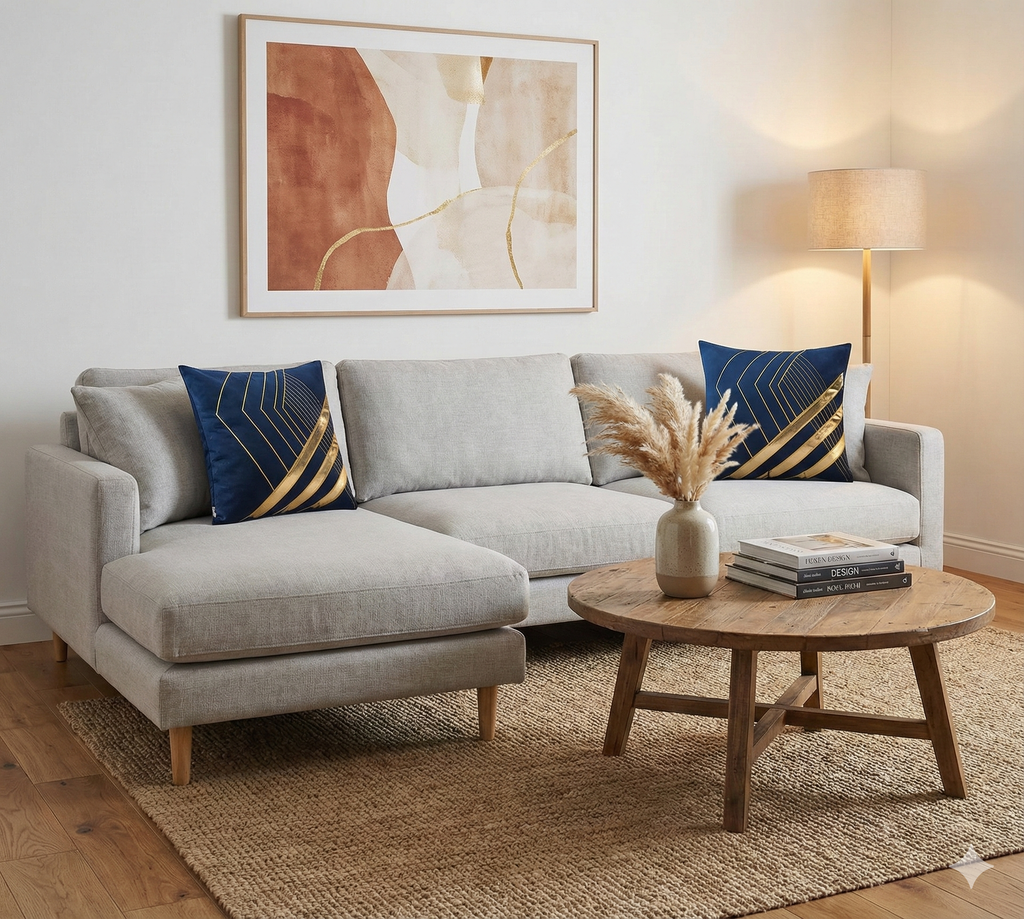 Navy blue velvet and gold geometric chevron pillows styled on a light grey sectional sofa in a modern living room.