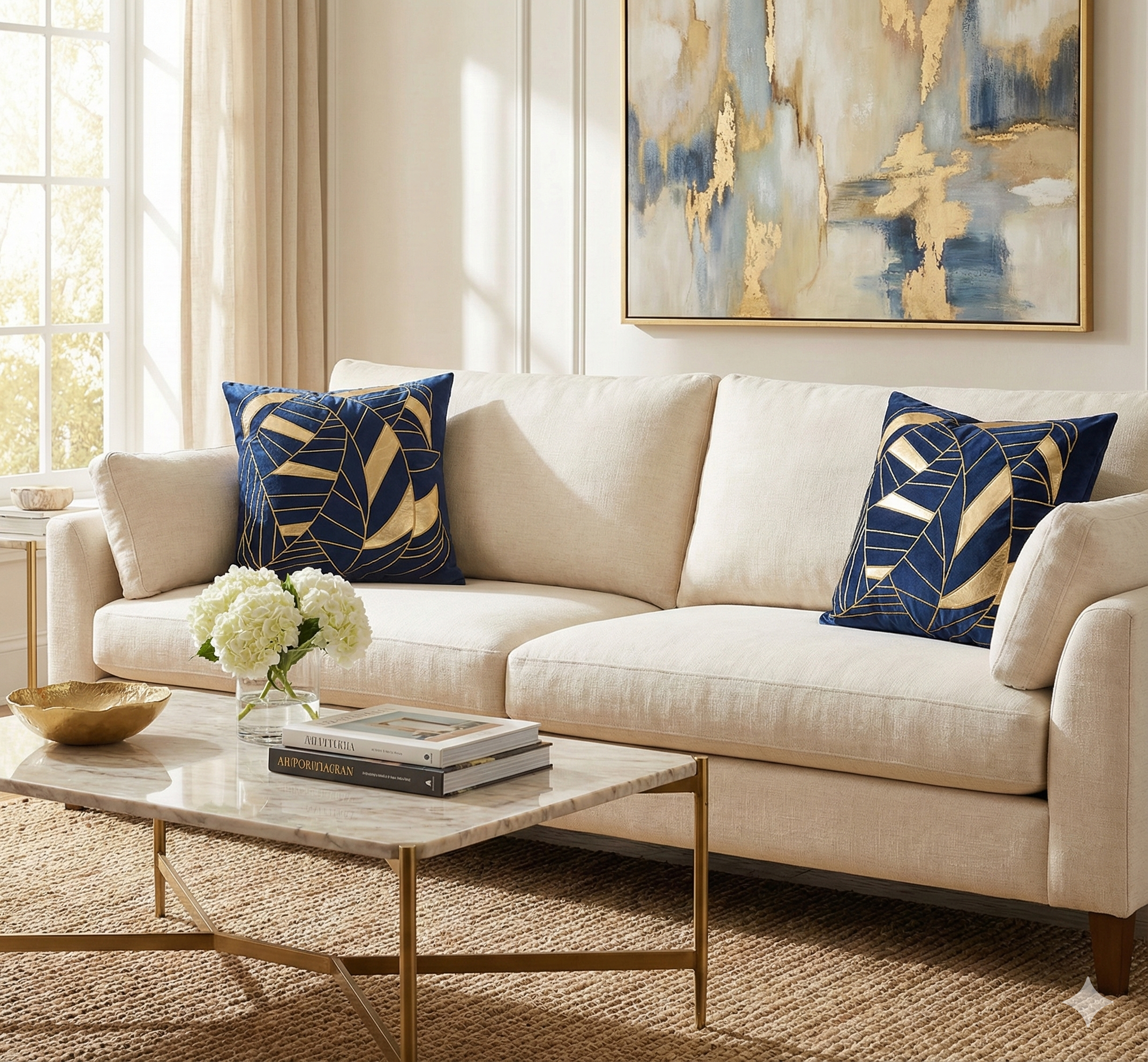 Two navy blue and gold geometric velvet pillows styled on a cream beige sofa in a bright, modern living room.