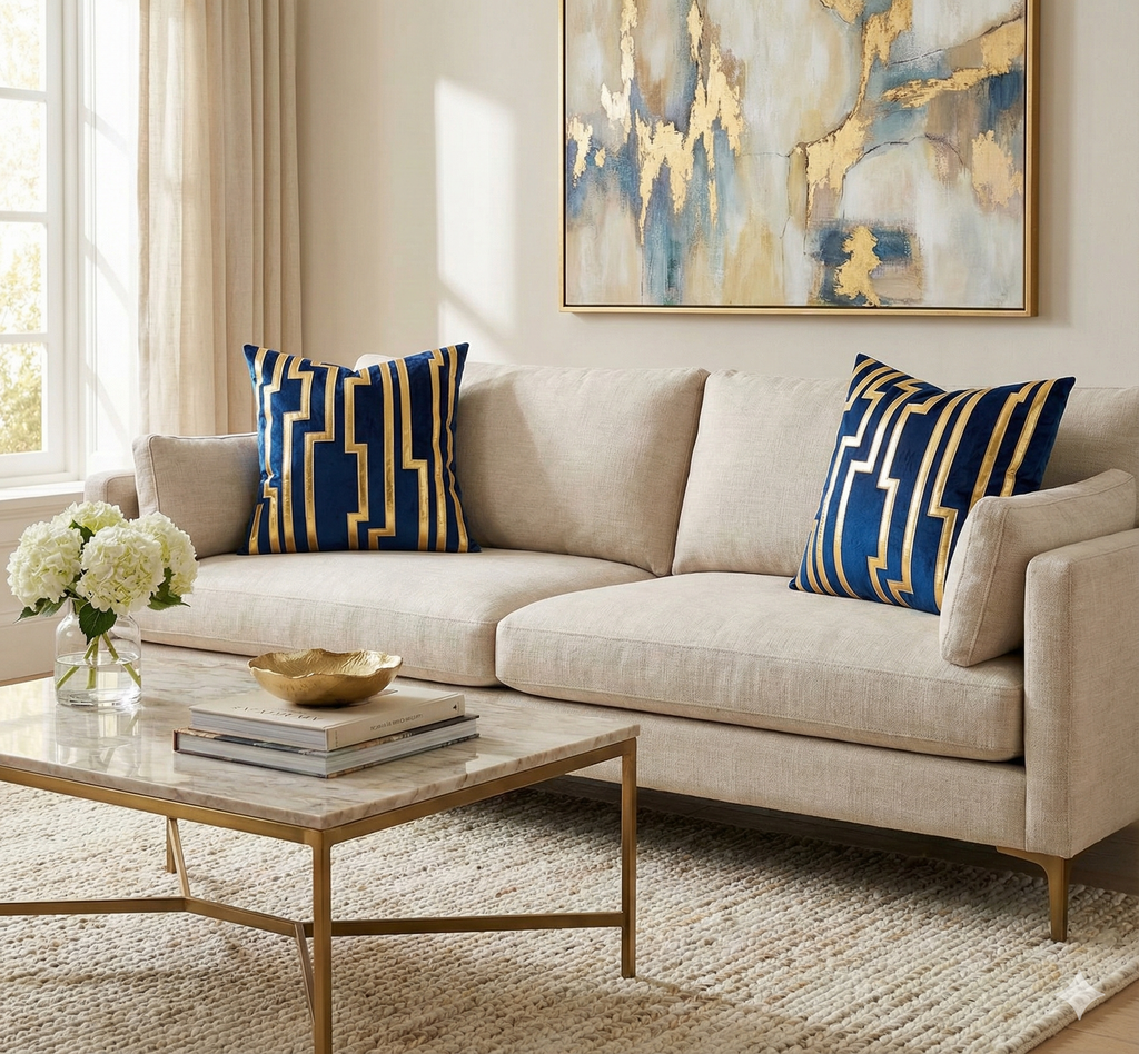 Two navy blue velvet and gold maze pattern pillows styled on a beige sofa in a bright, modern living room.