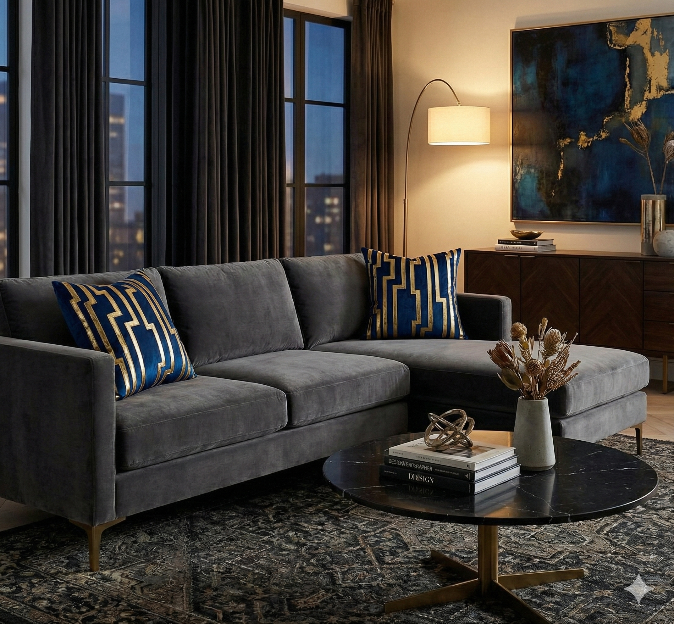 Navy blue cushions with gold geometric Greek key design placed on a dark grey velvet sectional sofa.