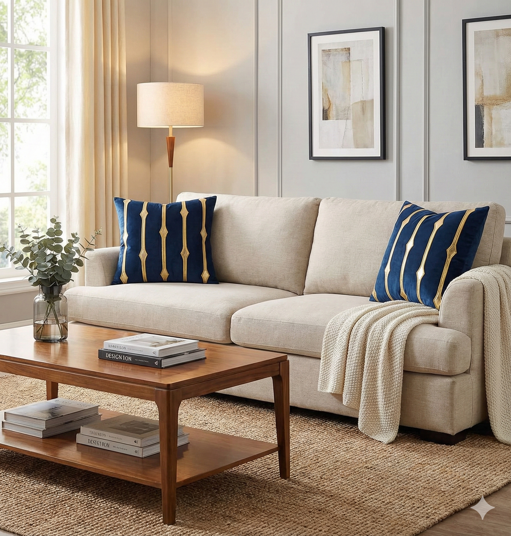 Navy blue velvet and gold stripe pillows styled on a light beige sofa in a bright, modern living room.