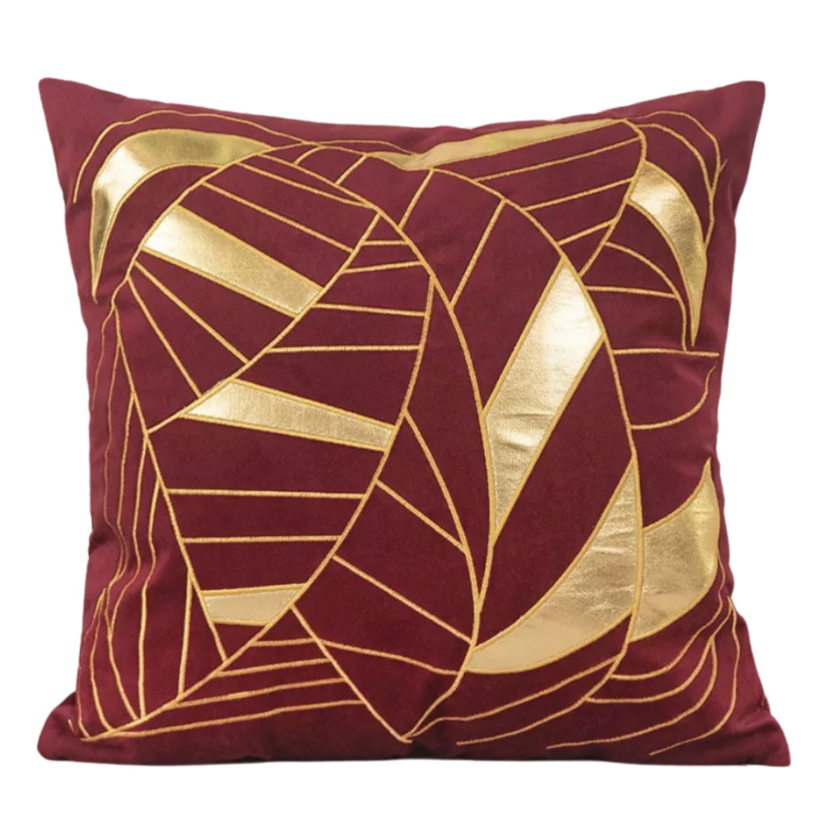 Full front view of the Opulent Deco 18x18 cushion cover, showing deep red velvet with shiny metallic gold geometric leaf pattern.