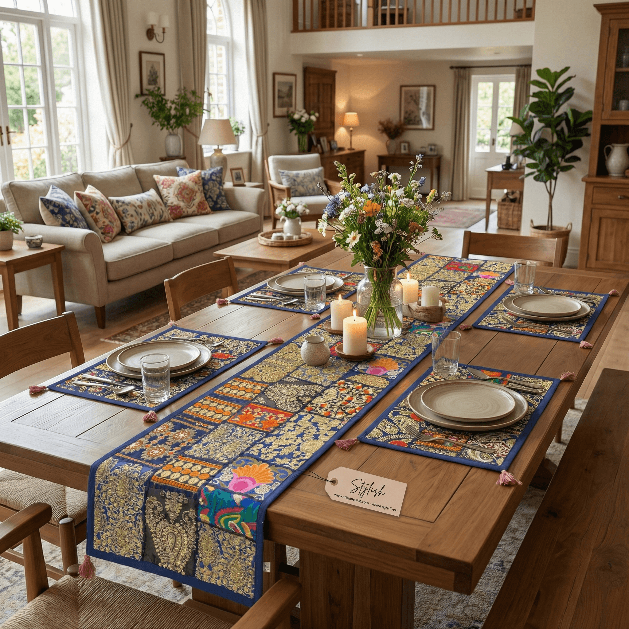 Vibrant Bohemian Patchwork Table Runner & Placemat Set (7-Piece)