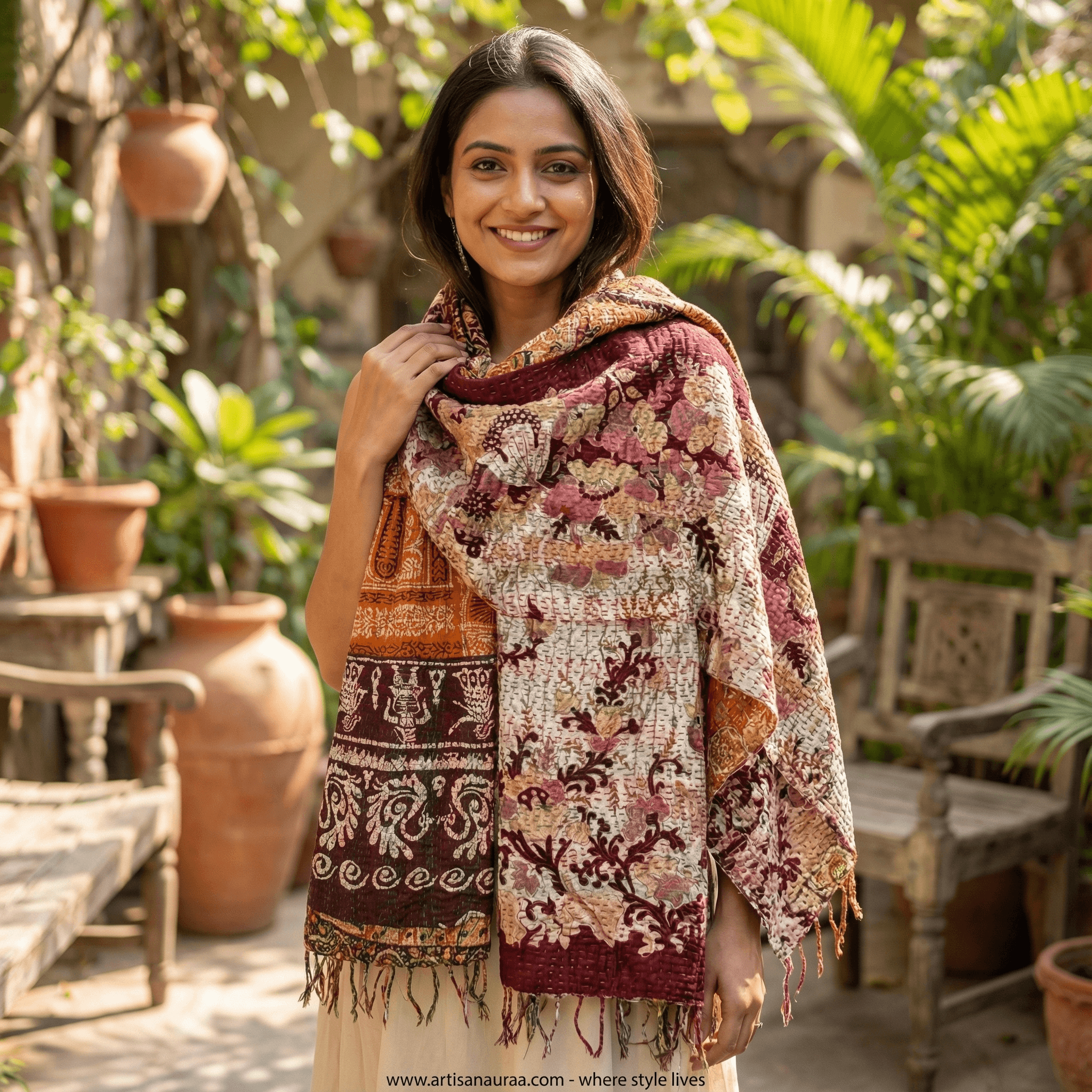 One-of-a-Kind Red Kantha Scarf | Sustainable Artisan Fashion (Crimson Edition)