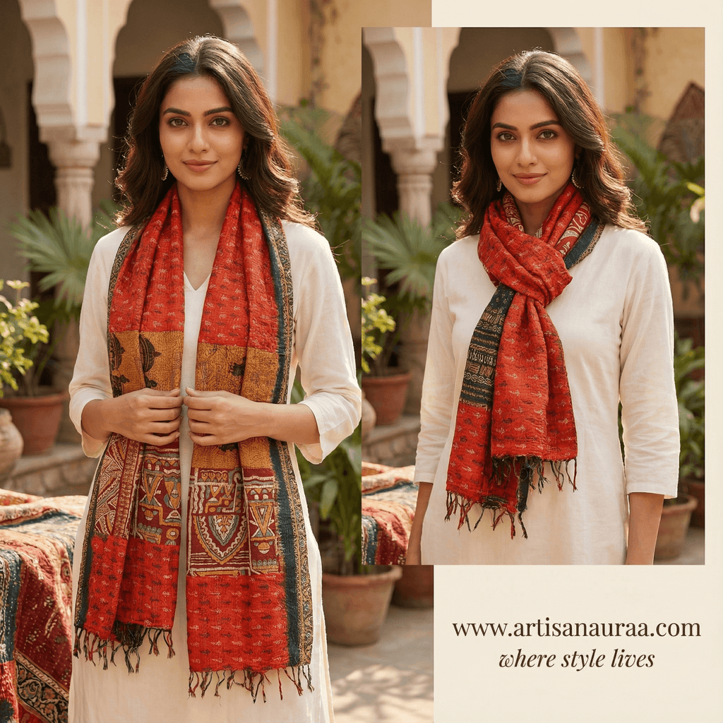 One-of-a-Kind Orange Kantha Scarf | Sustainable Artisan Fashion (Sunset & Spice Edition)