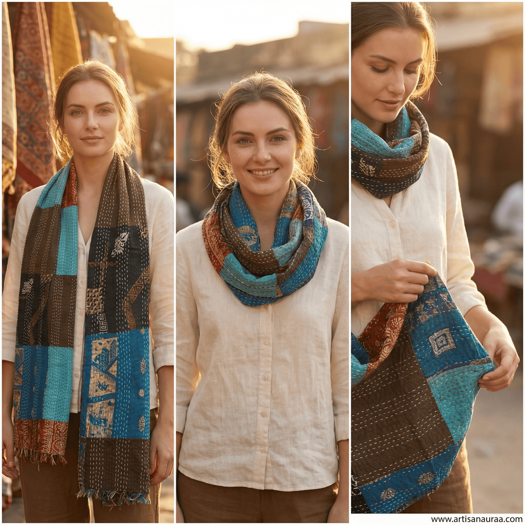 One-of-a-Kind Blue Kantha Scarf | Hand-Embroidered Sustainable Fashion | The Blue Collection