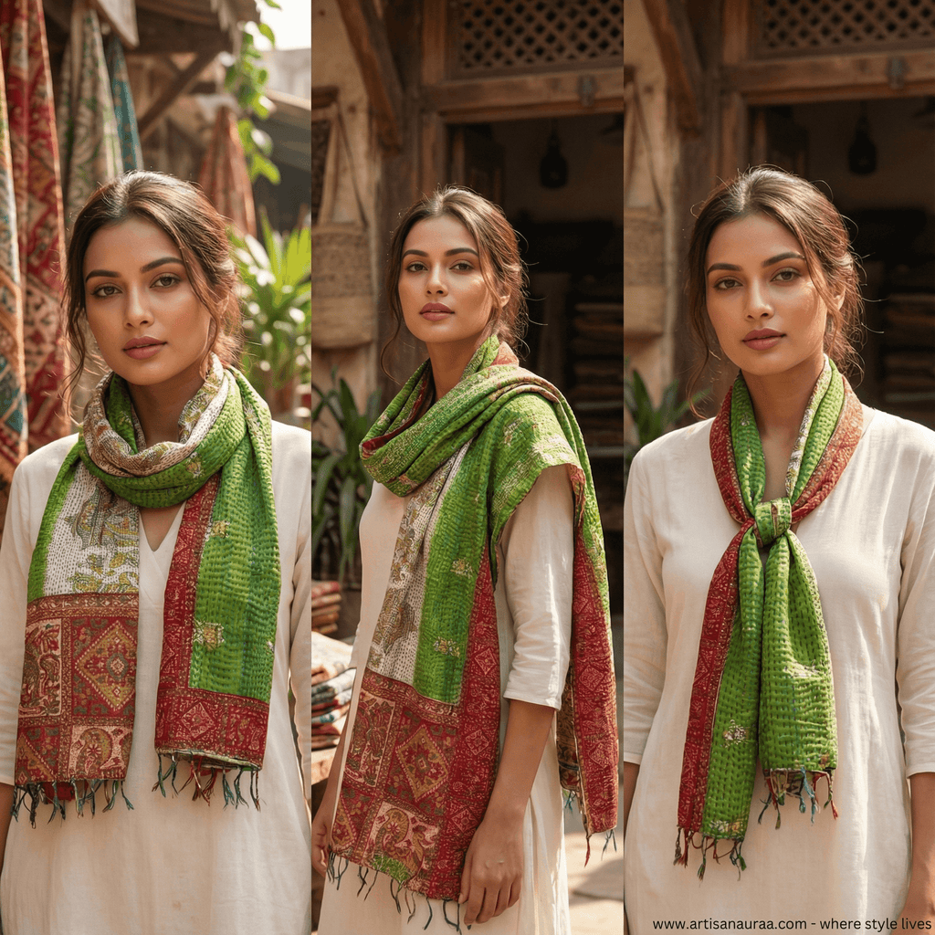 One-of-a-Kind Green Kantha Scarf | Sustainable Artisan Fashion (Emerald & Earth Edition)