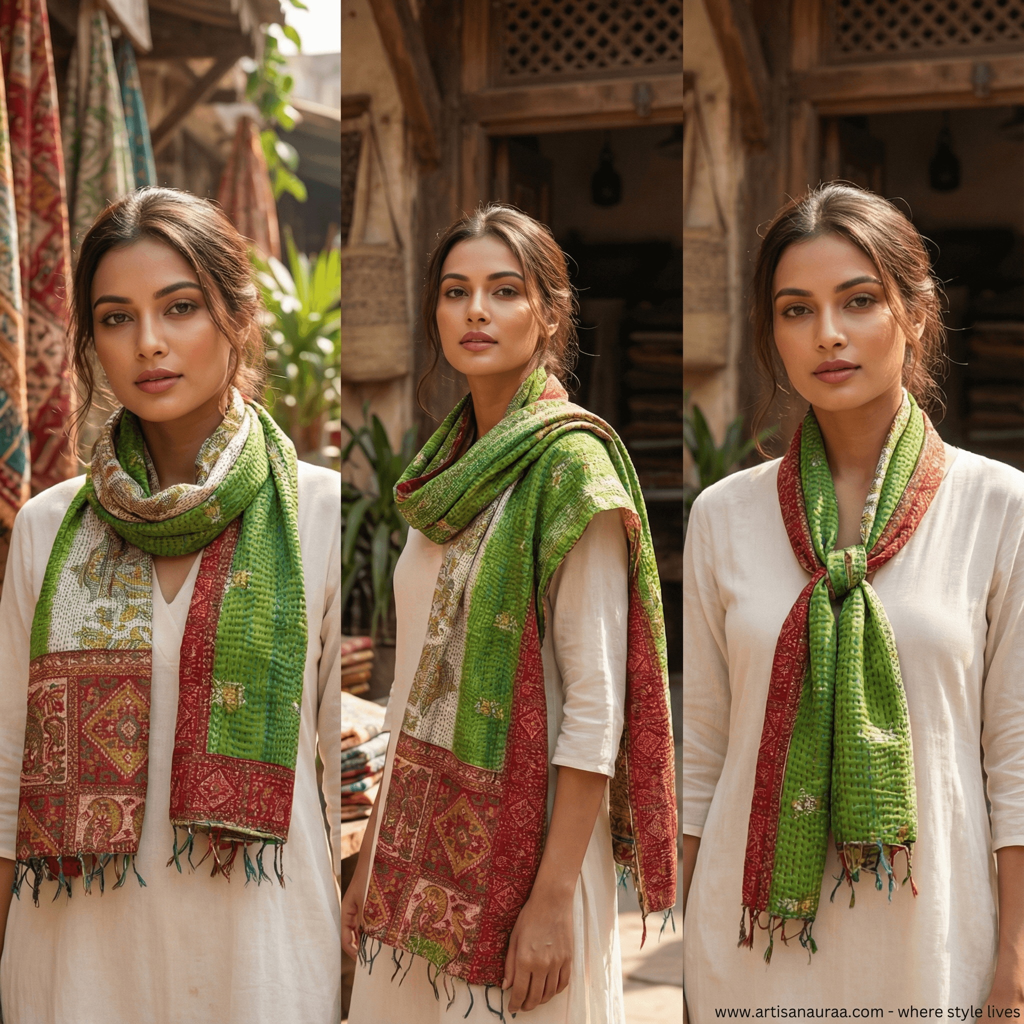 One-of-a-Kind Green Kantha Scarf | Sustainable Artisan Fashion (Emerald & Earth Edition)