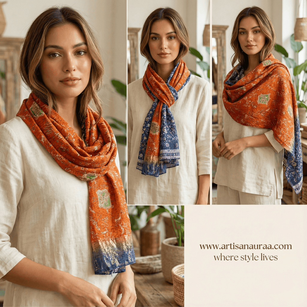 One-of-a-Kind Orange Kantha Scarf | Sustainable Artisan Fashion (Sunset & Spice Edition)