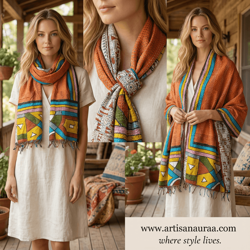 One-of-a-Kind Orange Kantha Scarf | Sustainable Artisan Fashion (Sunset & Spice Edition)